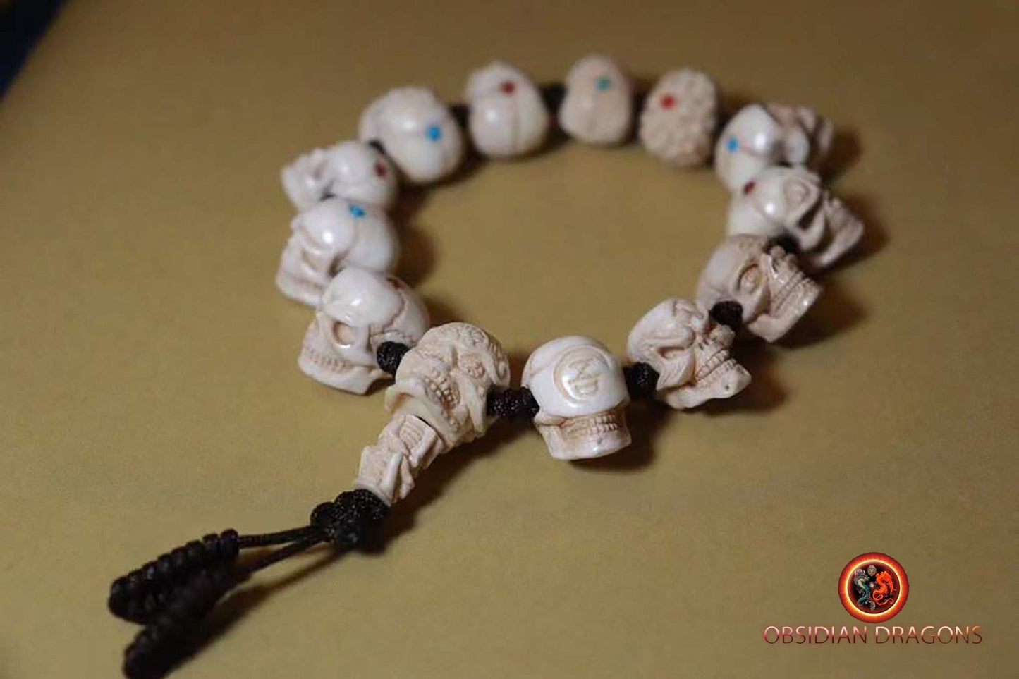 Bracelet crânes - bois de cerf et pierres - Artisanal et rare | obsidian dragons