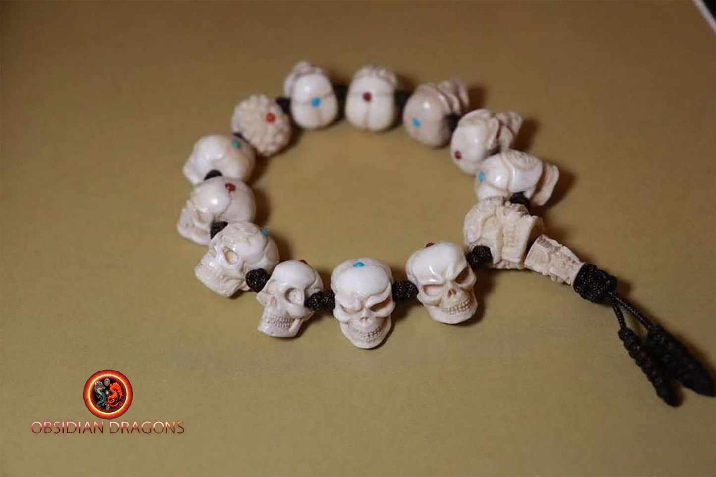 Bracelet crânes - bois de cerf et pierres - Artisanal et rare | obsidian dragons