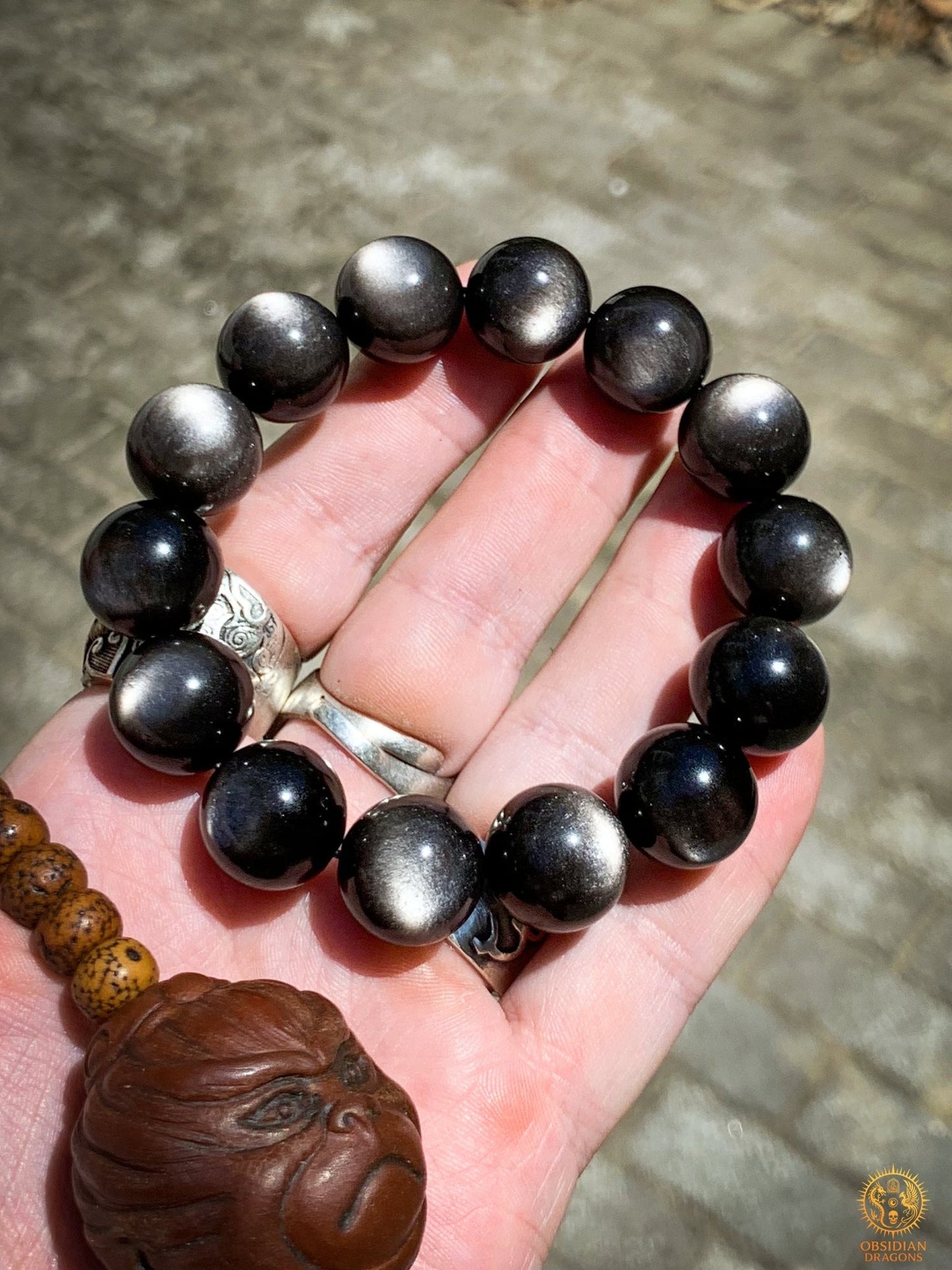 Bracelet en Obsidienne Argentée – Qualité rare - Perles 16mm | obsidian dragons