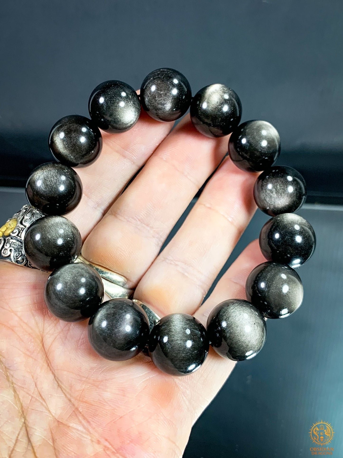 Bracelet en Obsidienne Argentée – Qualité rare - Perles 16mm | obsidian dragons
