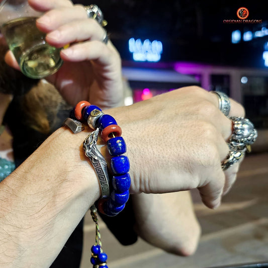 Bracelet en lapis lazuli rare- protection bouddhiste sah | obsidian dragons