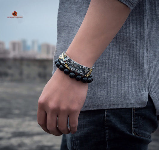 Bracelet Manchette Dragon Yazi en Argent - Force et Protection | obsidian dragons