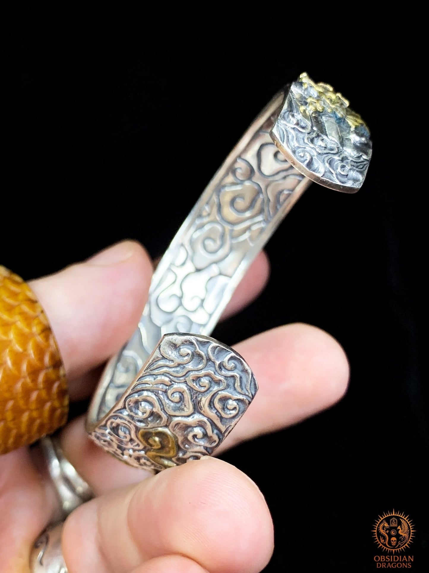 Bracelet manchette dragon- Argent 990 - Protection Feng shui - obsidian dragons