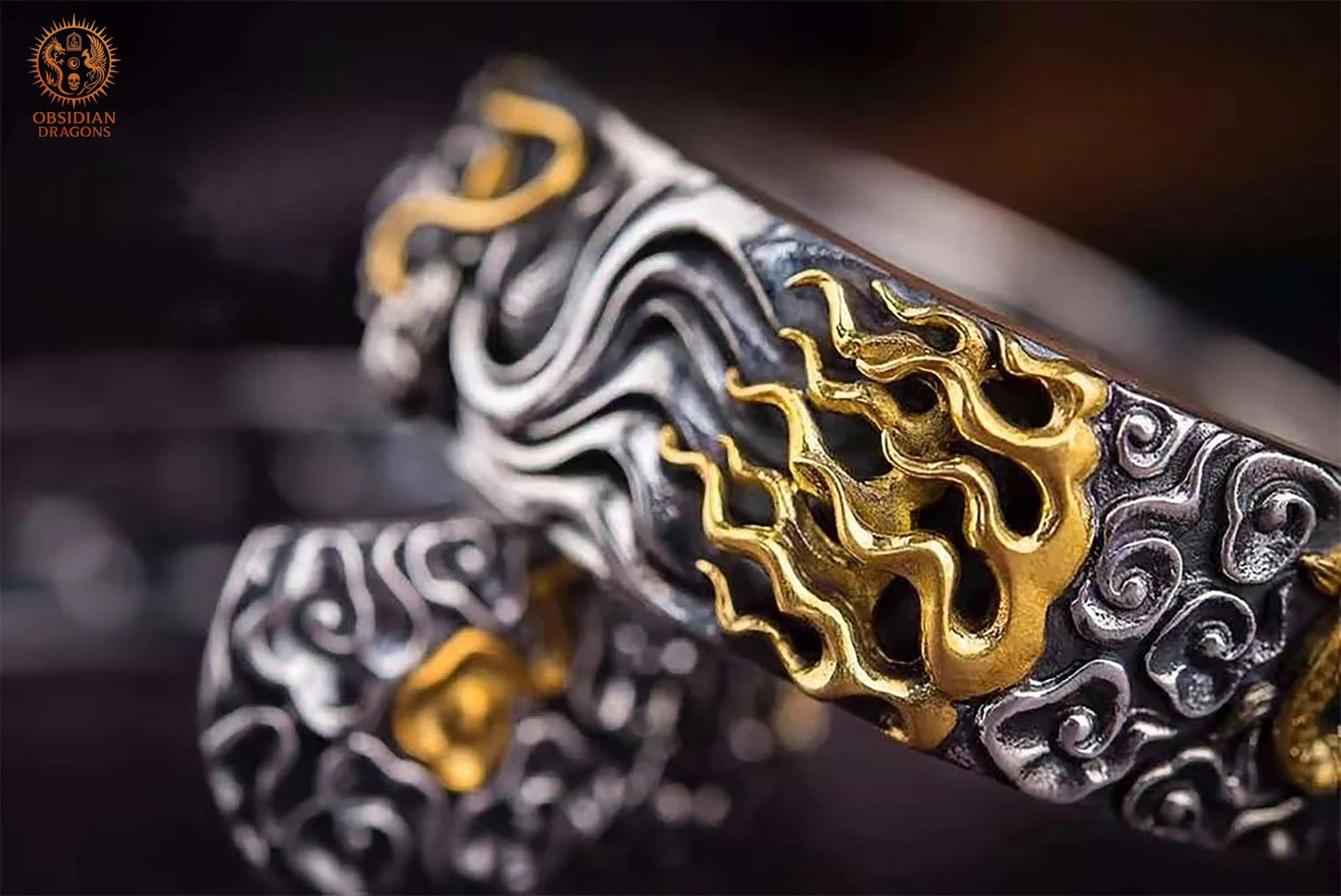 Bracelet manchette dragon- Argent 990 - Protection Feng shui | obsidian dragons