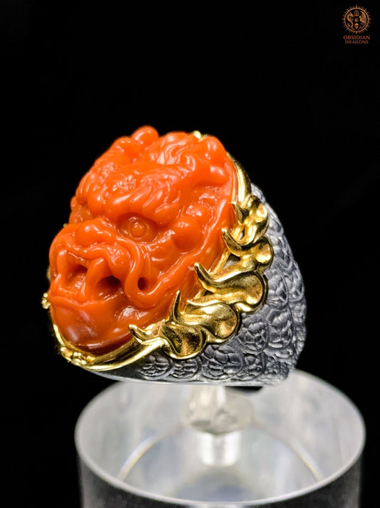 Chevalière Dragon - Agate nan hong - argent et or - Puissance | obsidian dragons