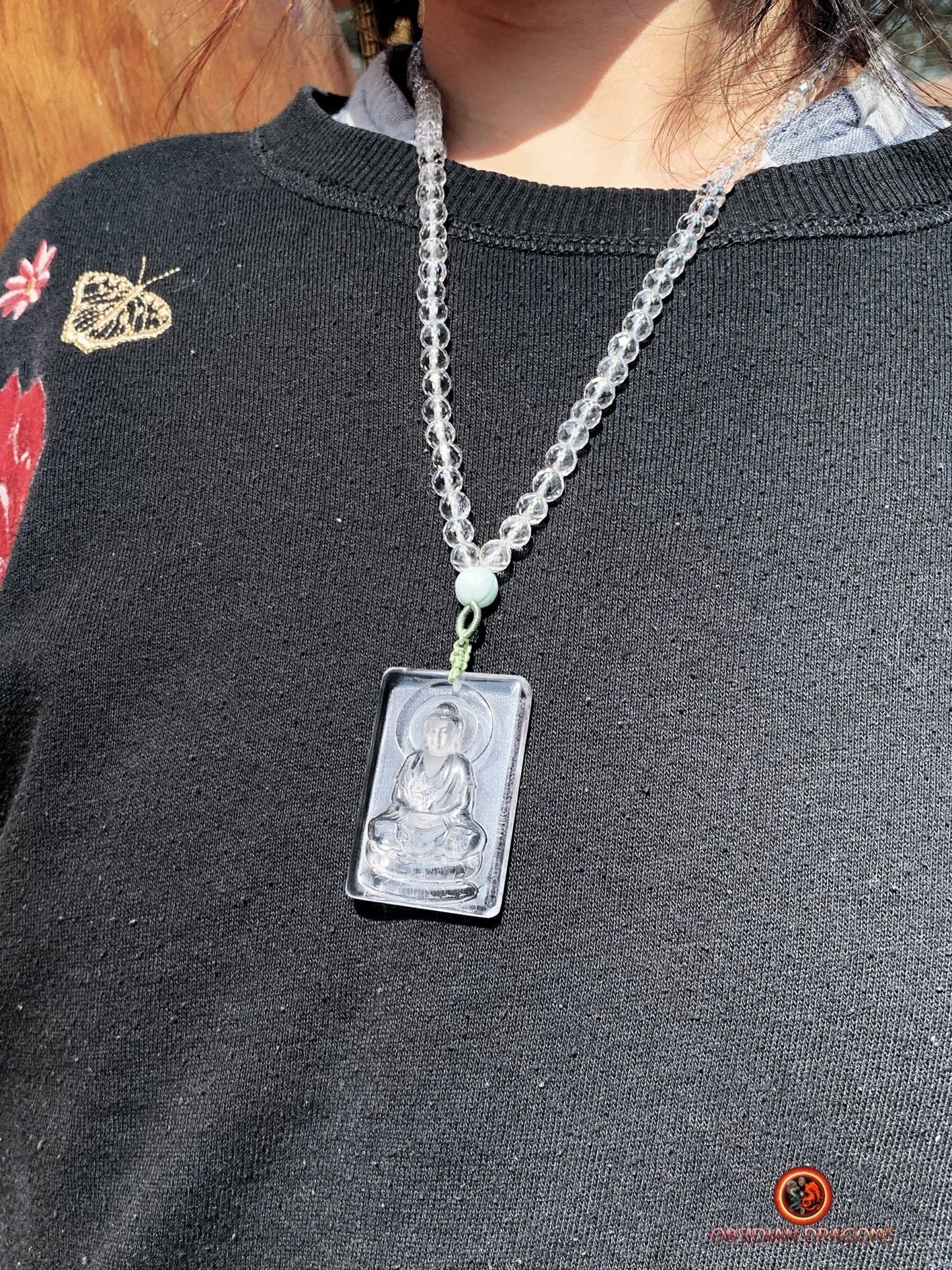 Collier Bouddhiste en Cristal de Roche Gemme du Bouddha Amitabha | obsidian dragons