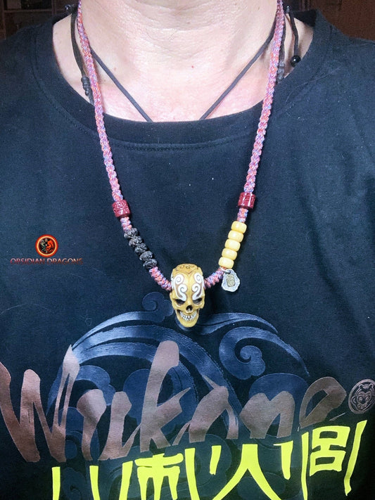 Collier Crâne Tibétain en Bois de Cerf - Amulette Zakiram | obsidian dragons
