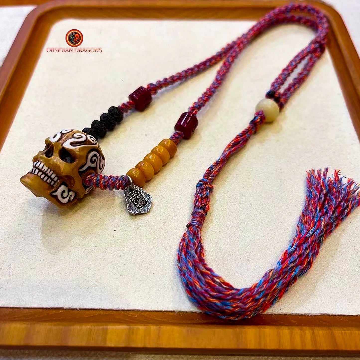 Collier Crâne Tibétain en Bois de Cerf - Amulette Zakiram | obsidian dragons