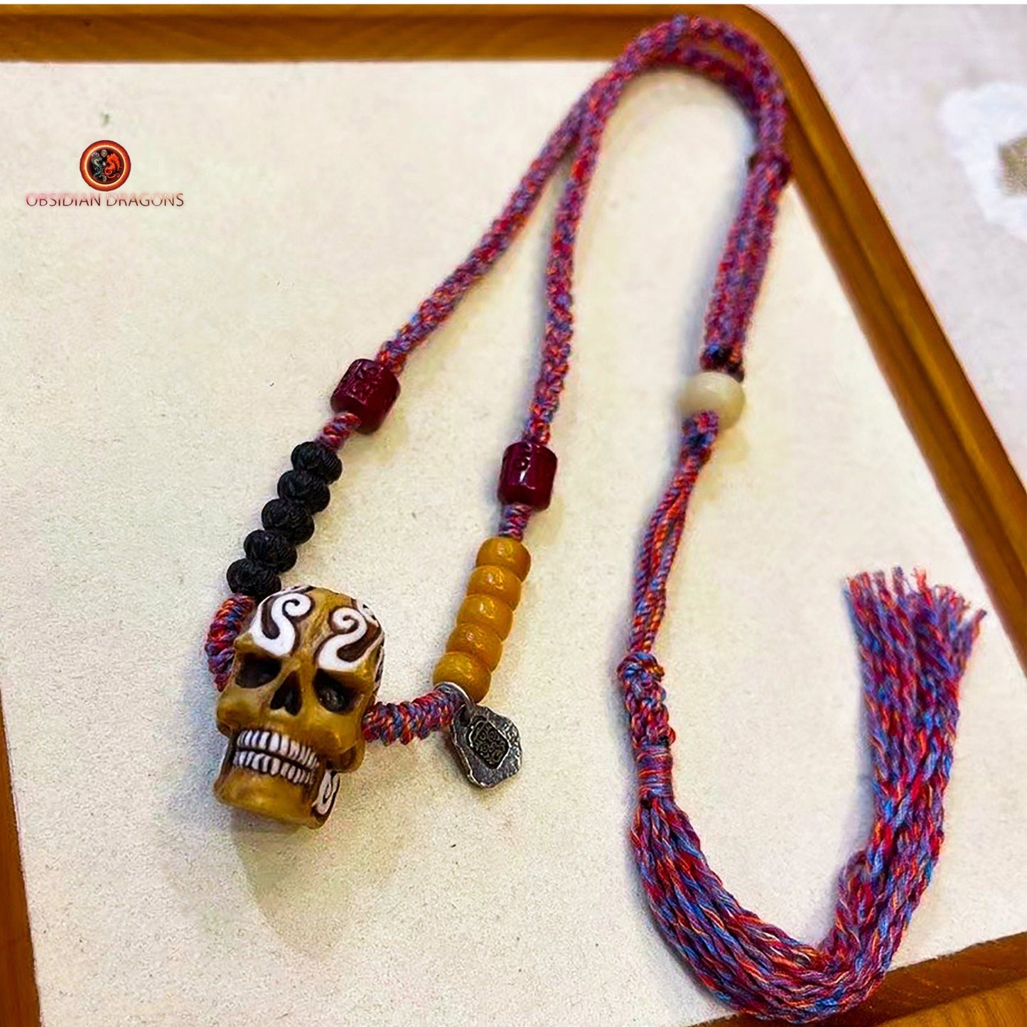 Collier Crâne Tibétain en Bois de Cerf - Amulette Zakiram | obsidian dragons