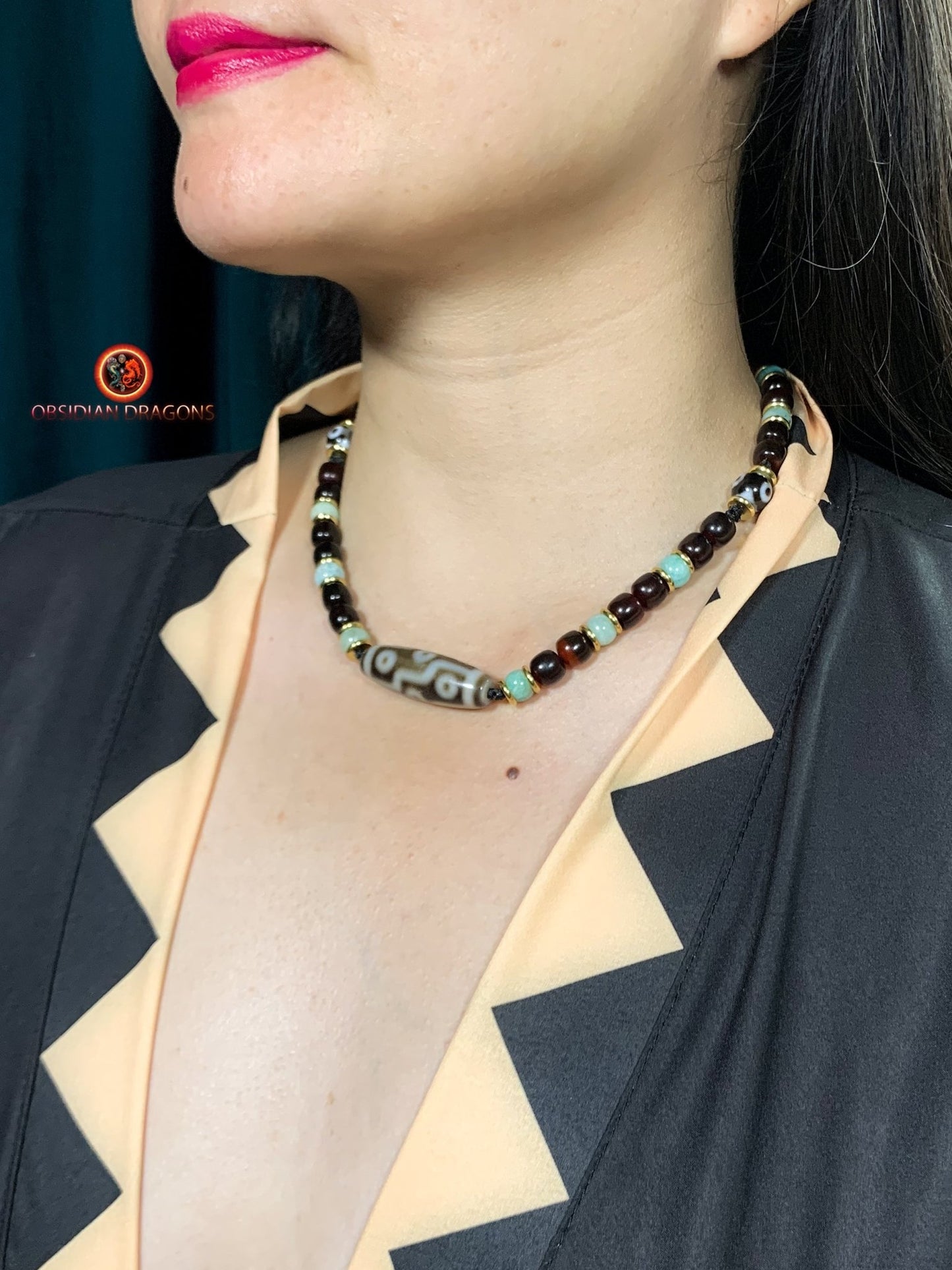 Collier DZI- Protection tibétaine- DZI à 9 Yeux | obsidian dragons