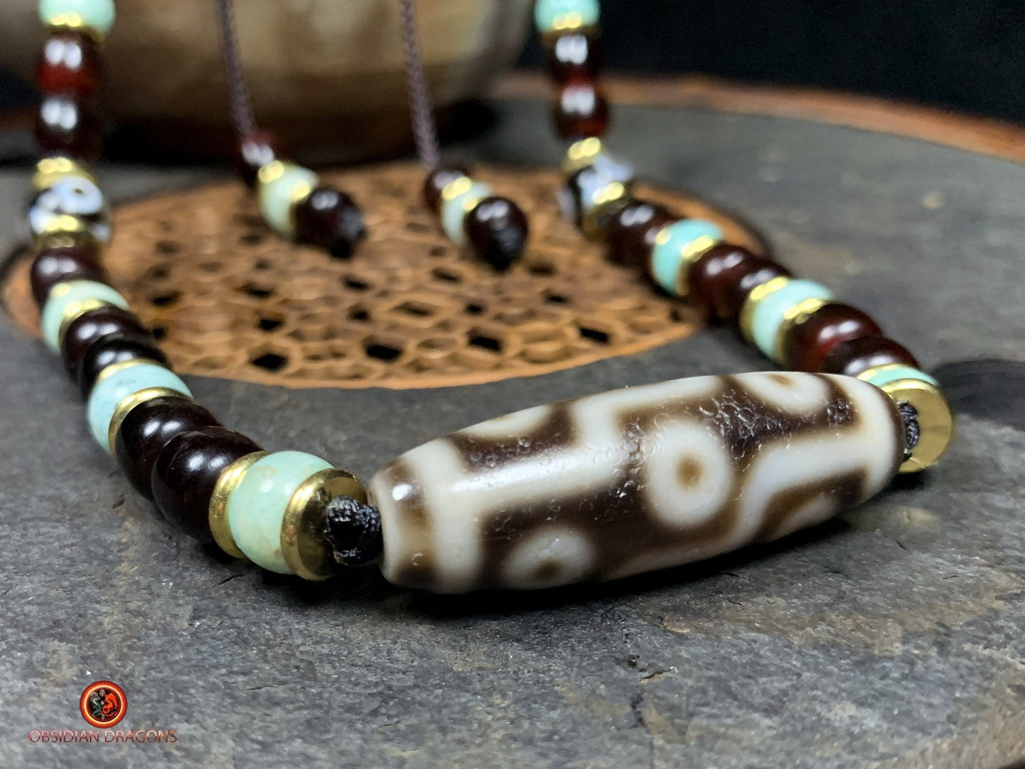 Collier DZI- Protection tibétaine- DZI à 9 Yeux | obsidian dragons