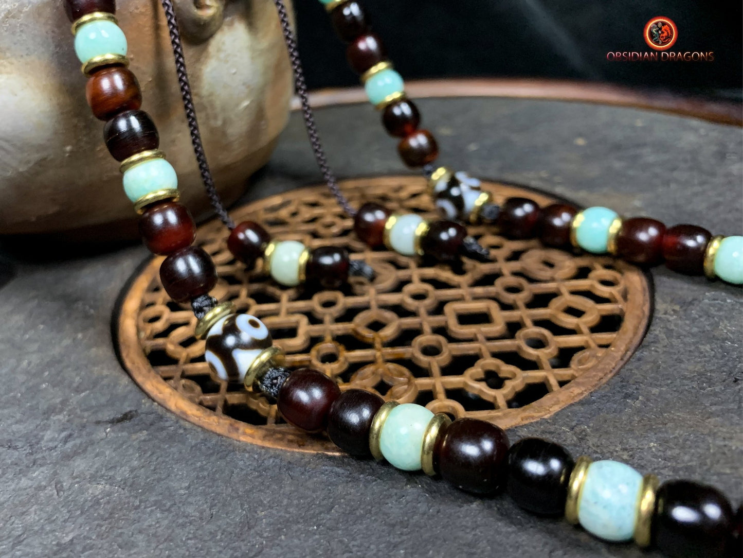Collier DZI- Protection tibétaine- DZI à 9 Yeux | obsidian dragons
