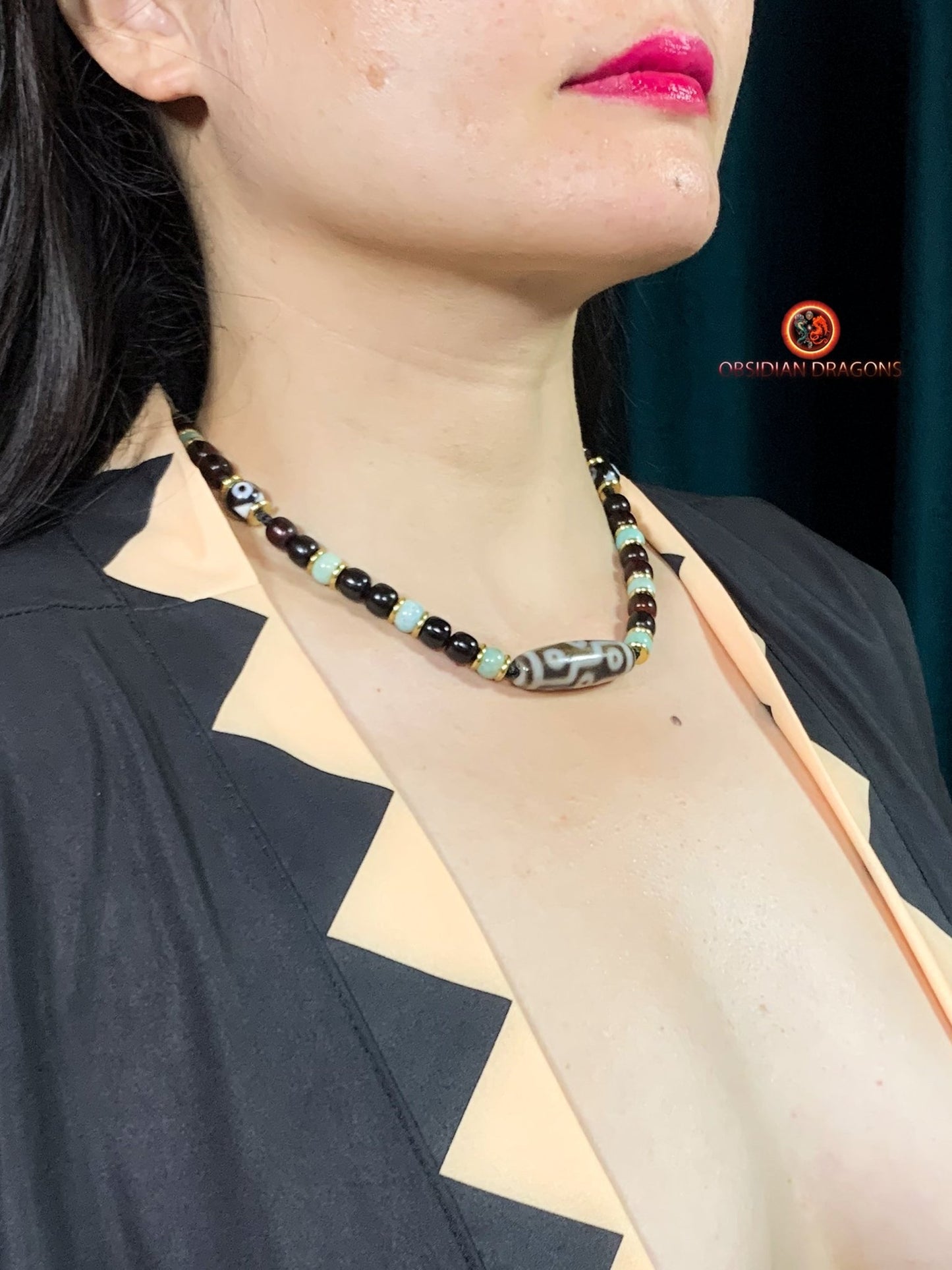 Collier DZI- Protection tibétaine- DZI à 9 Yeux | obsidian dragons