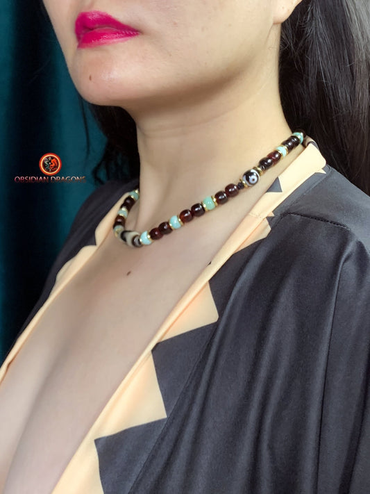 Collier DZI- Amulette tibétaine- DZI à dents de tigre | obsidian dragons