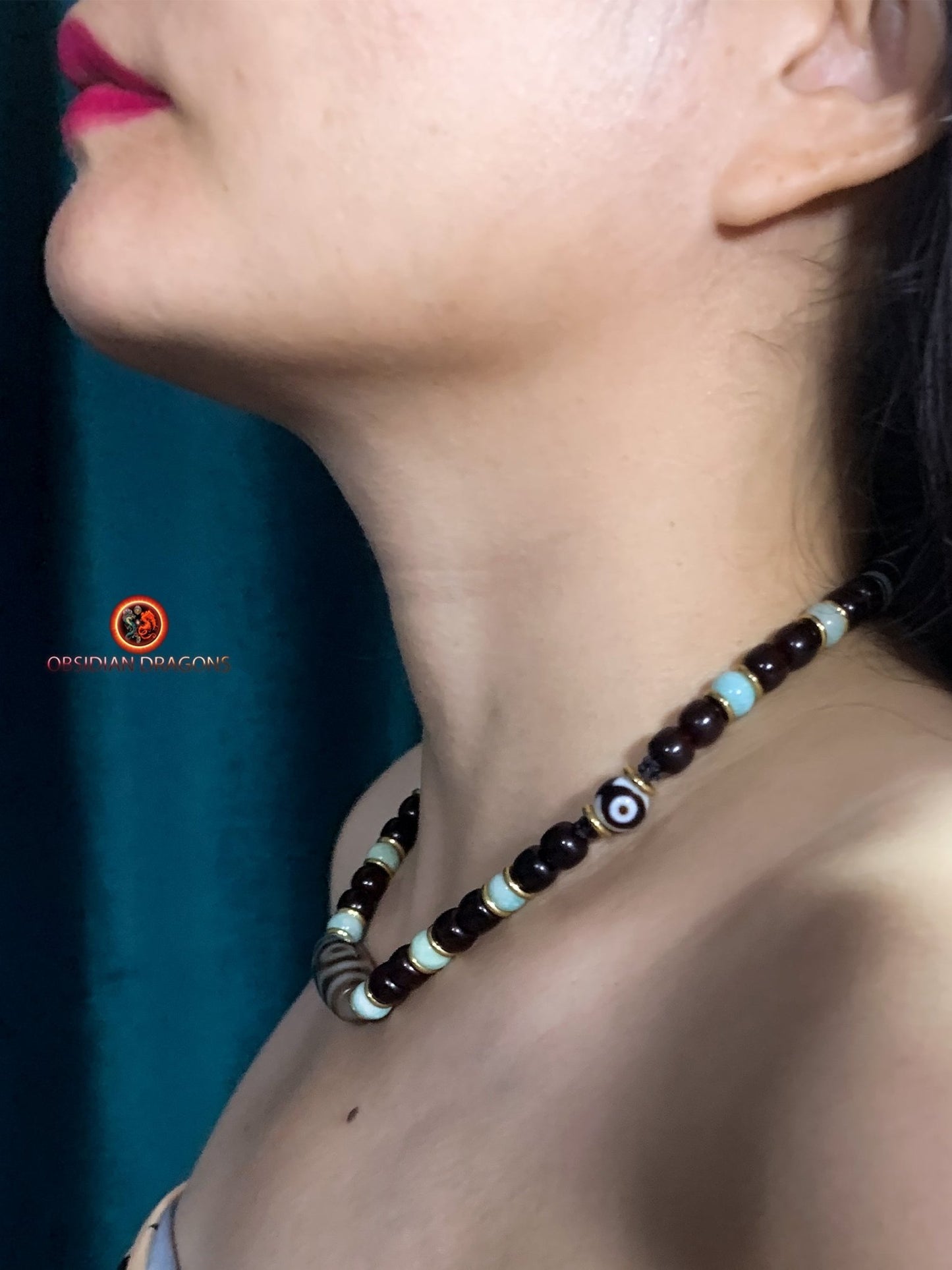Collier DZI- DZI à 3 Yeux- Protection tibétaine | obsidian dragons