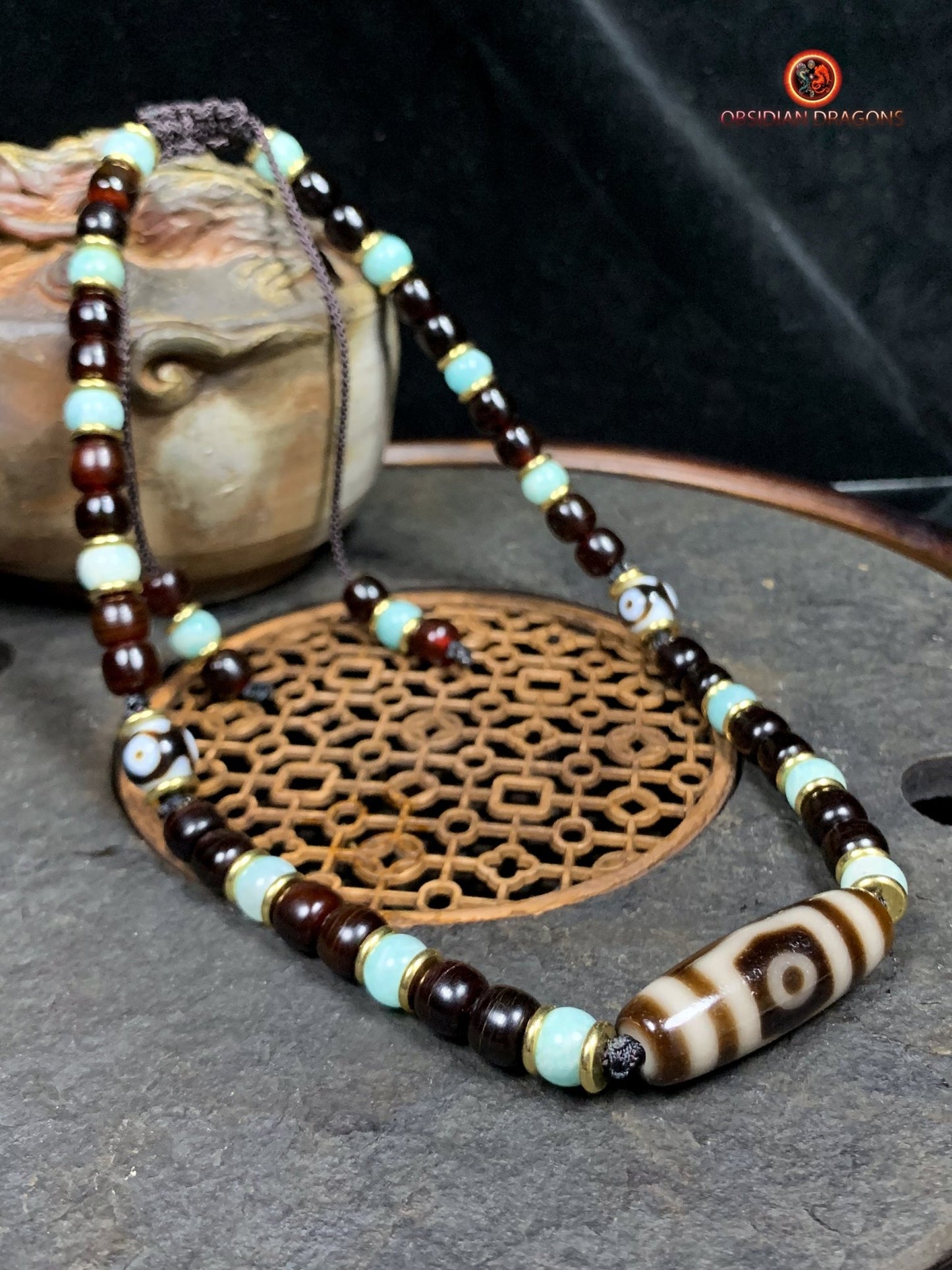 Collier DZI- DZI à 3 Yeux- Protection tibétaine | obsidian dragons