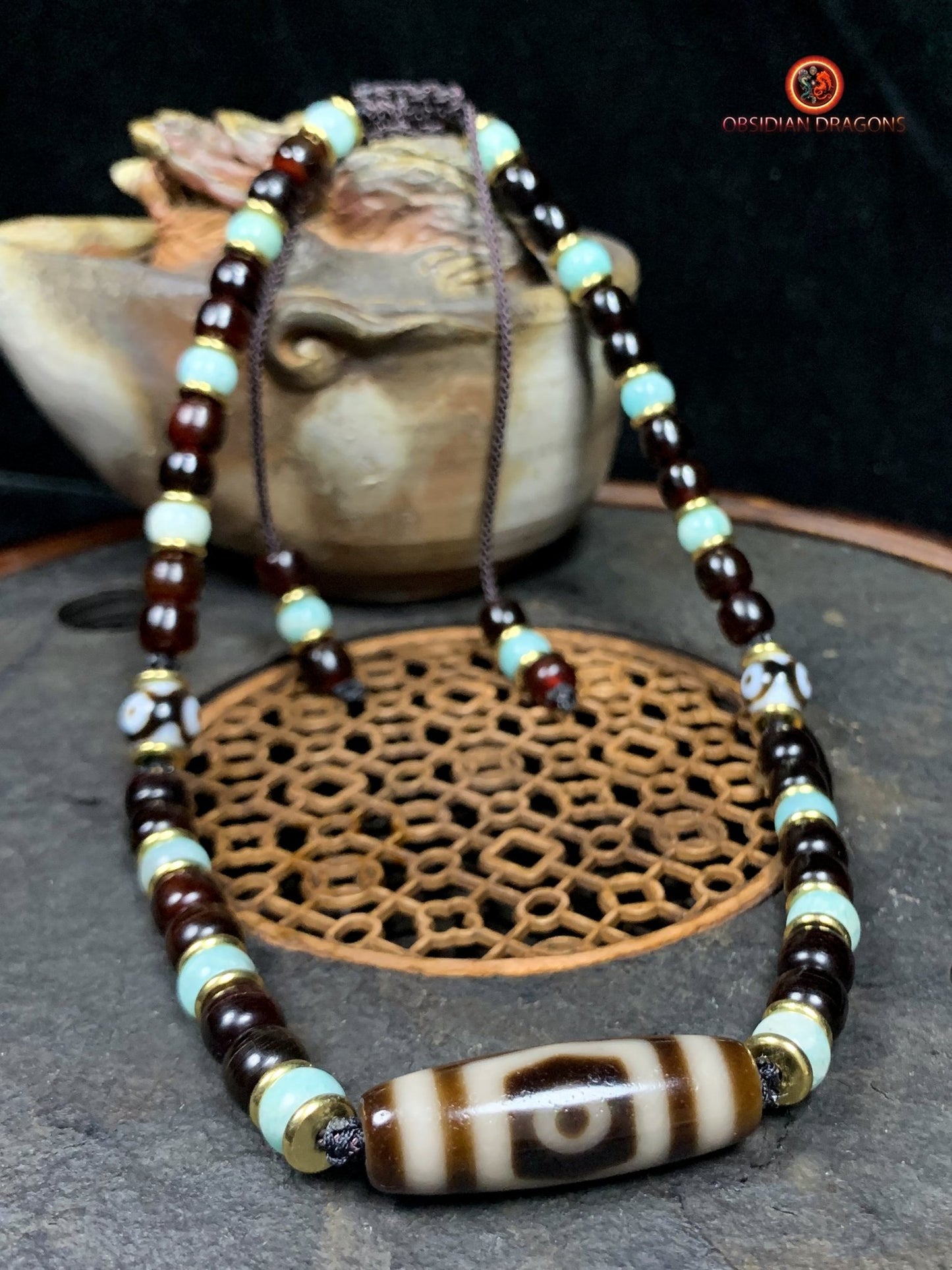 Collier DZI- DZI à 3 Yeux- Protection tibétaine | obsidian dragons
