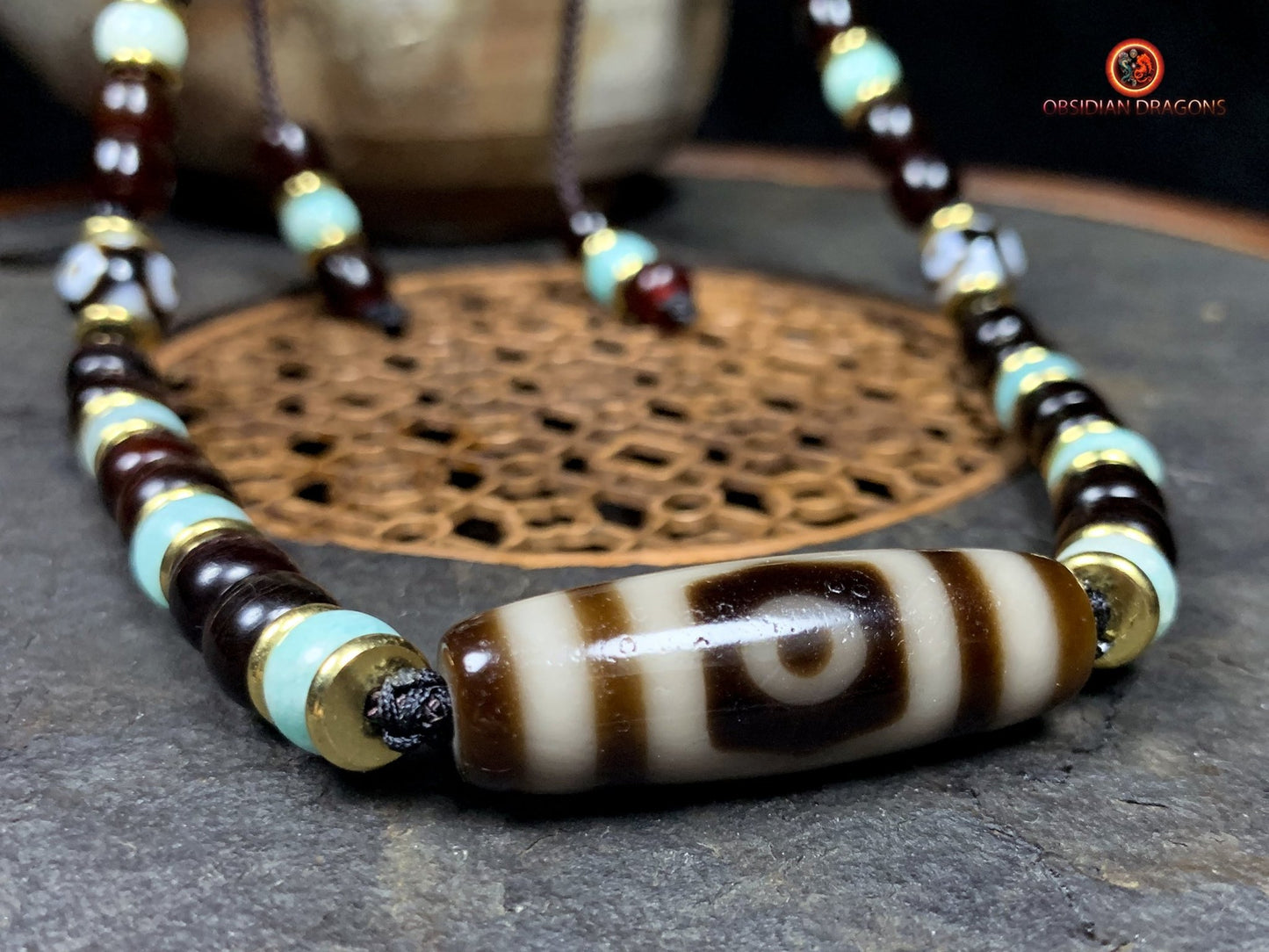 Collier DZI- DZI à 3 Yeux- Protection tibétaine | obsidian dragons
