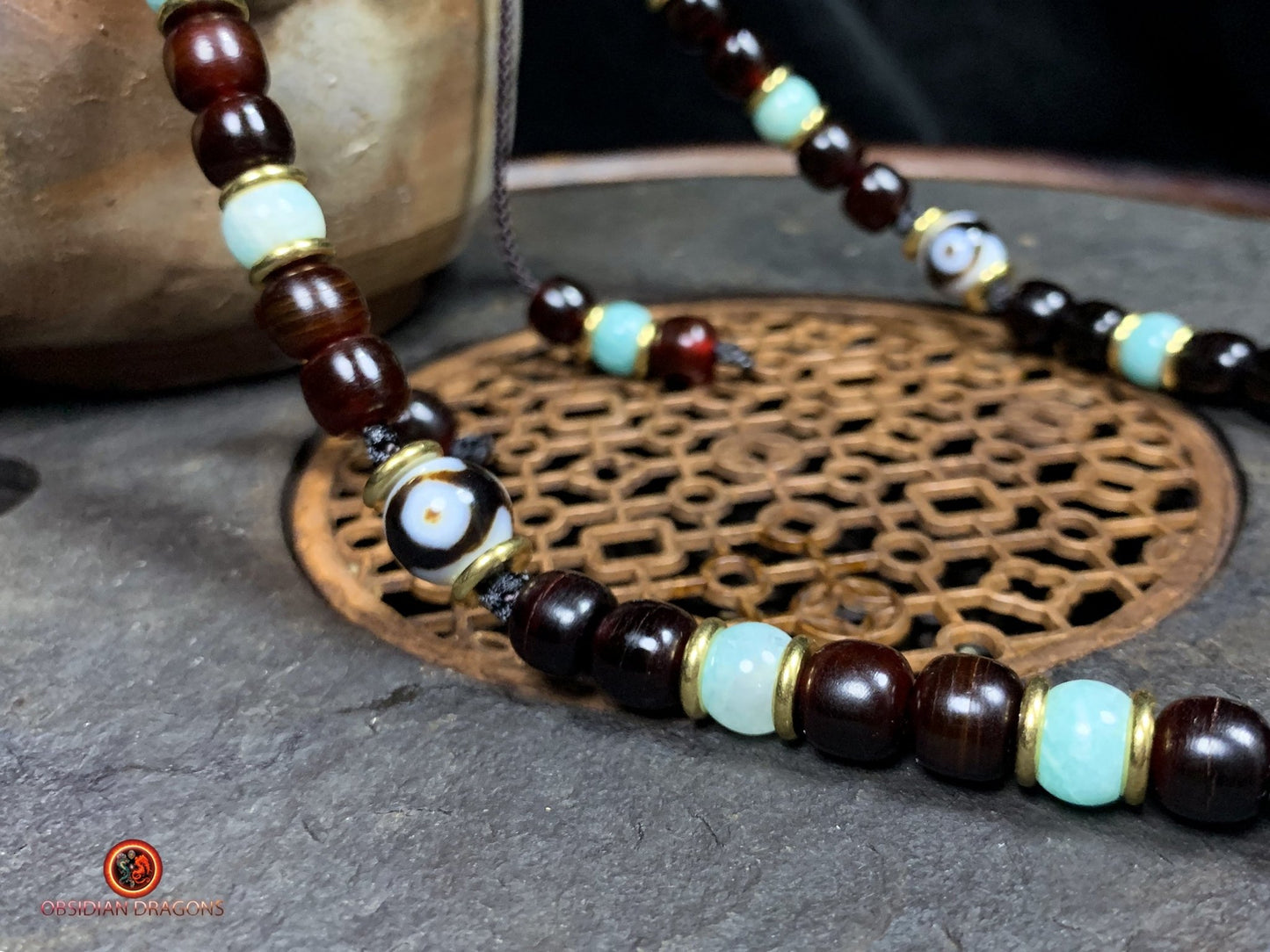 Collier DZI- DZI à 3 Yeux- Protection tibétaine | obsidian dragons
