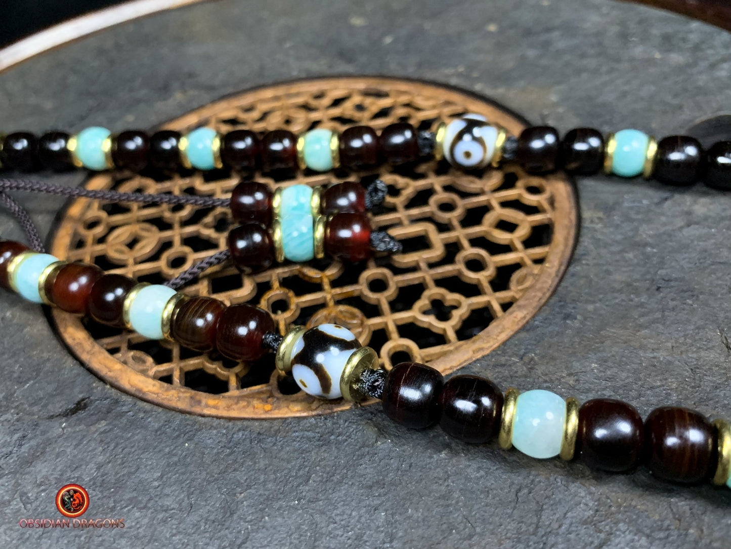 Collier DZI- DZI à 3 Yeux- Protection tibétaine | obsidian dragons