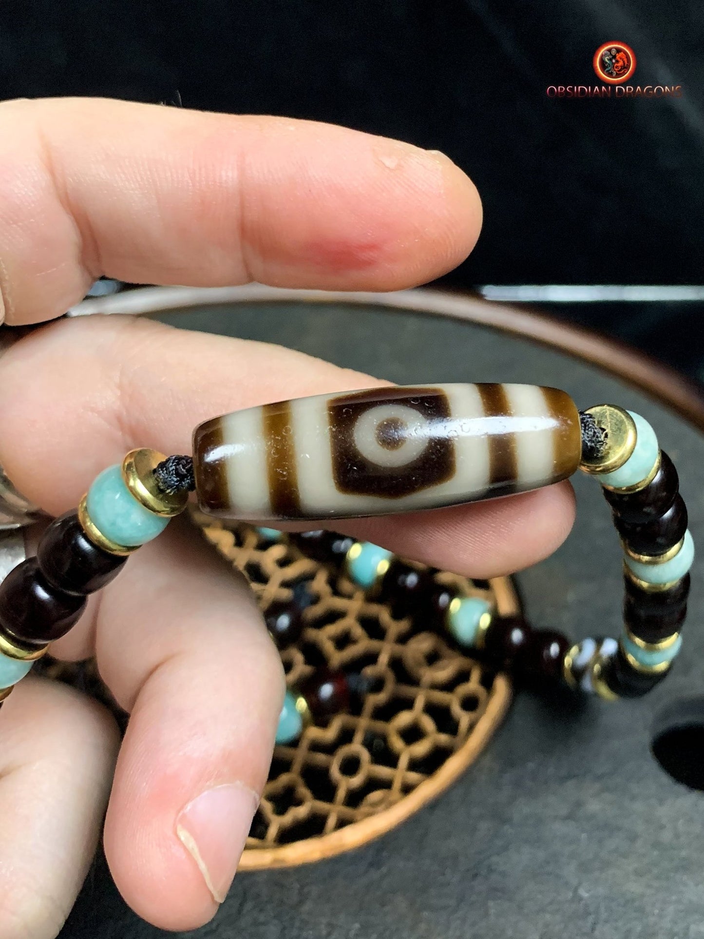 Collier DZI- DZI à 3 Yeux- Protection tibétaine | obsidian dragons