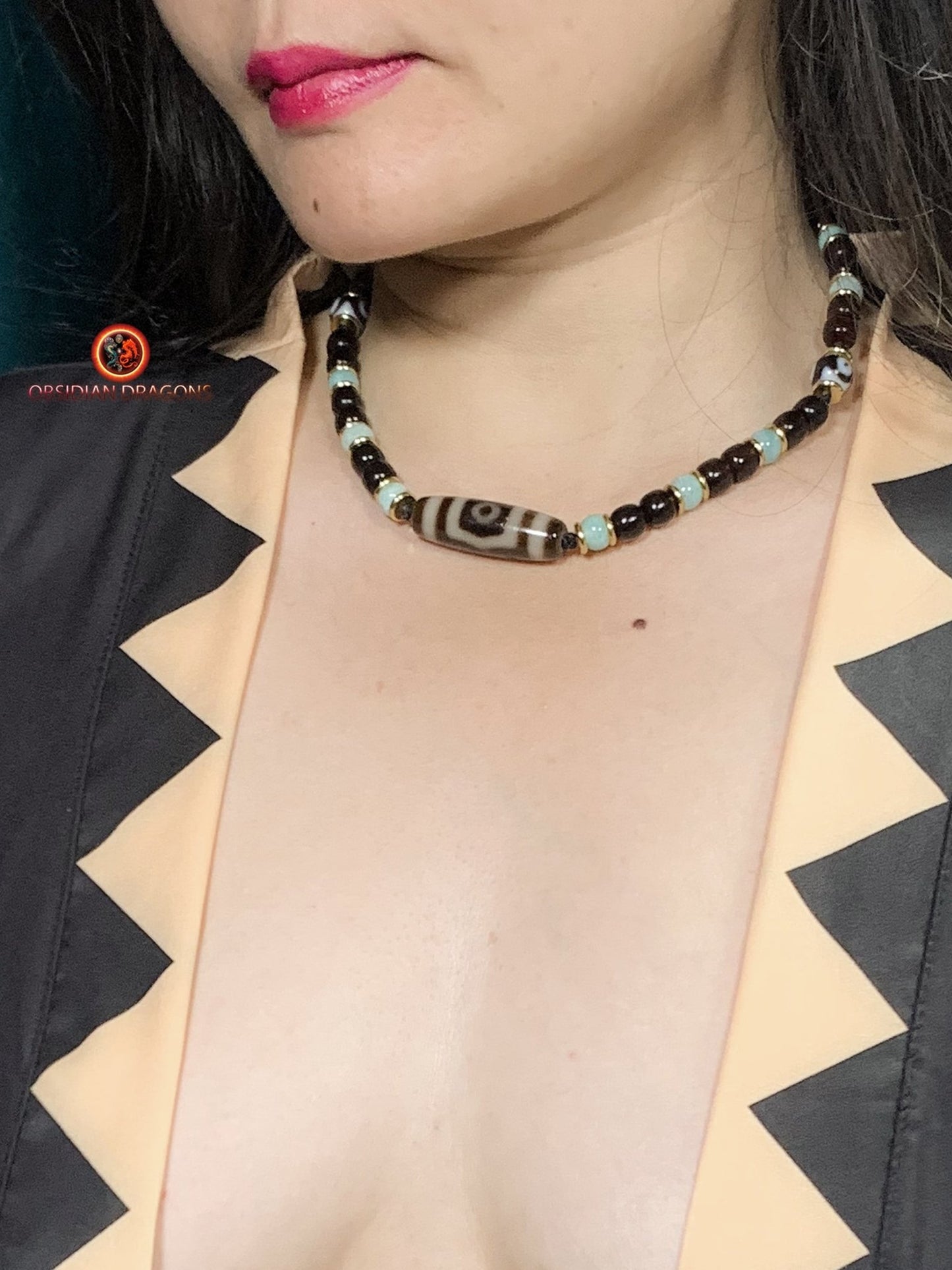 Collier DZI- Protection tibétaine- DZI à 3 Yeux | obsidian dragons