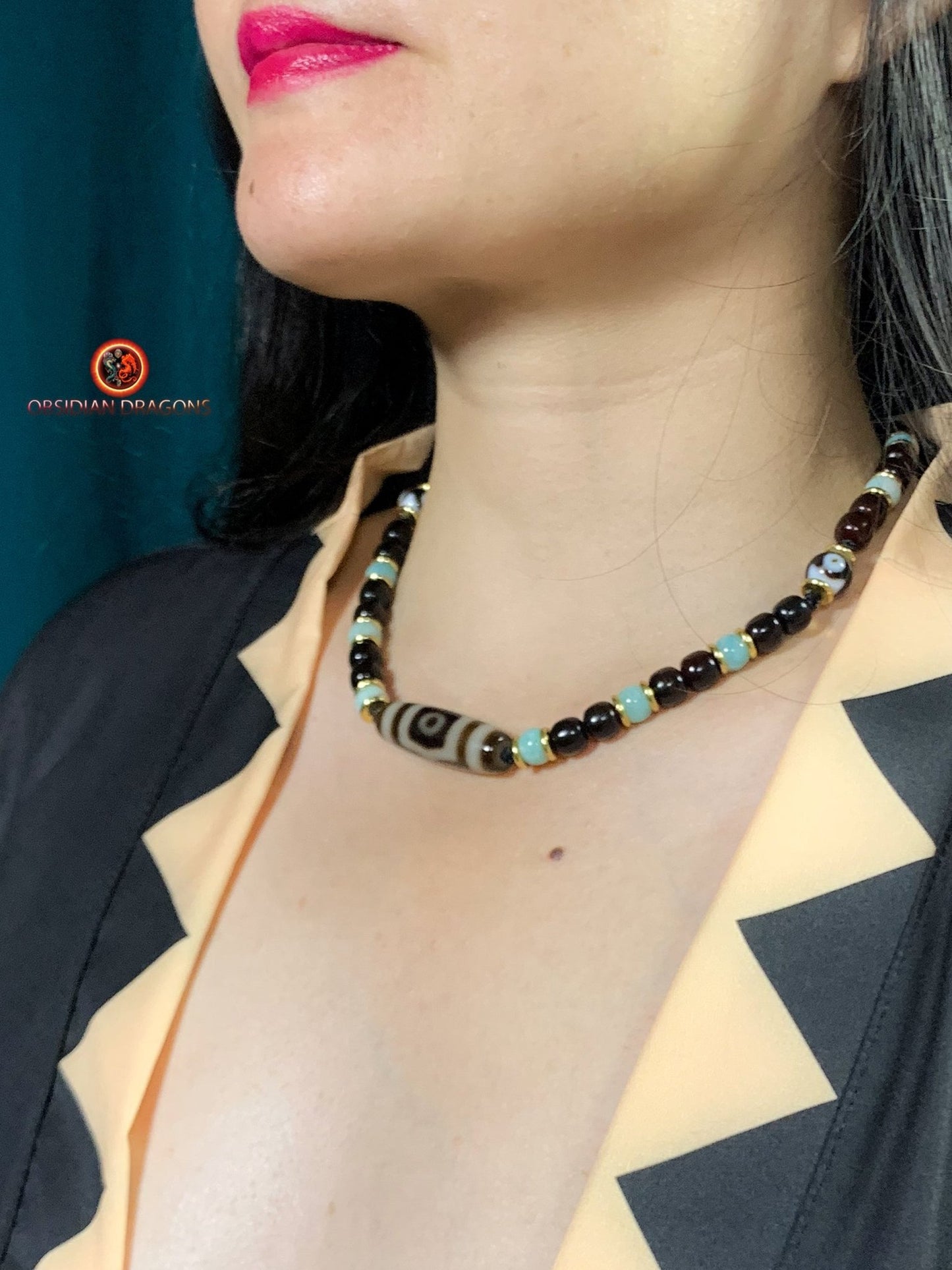 Collier DZI- Protection tibétaine- DZI à 3 Yeux | obsidian dragons