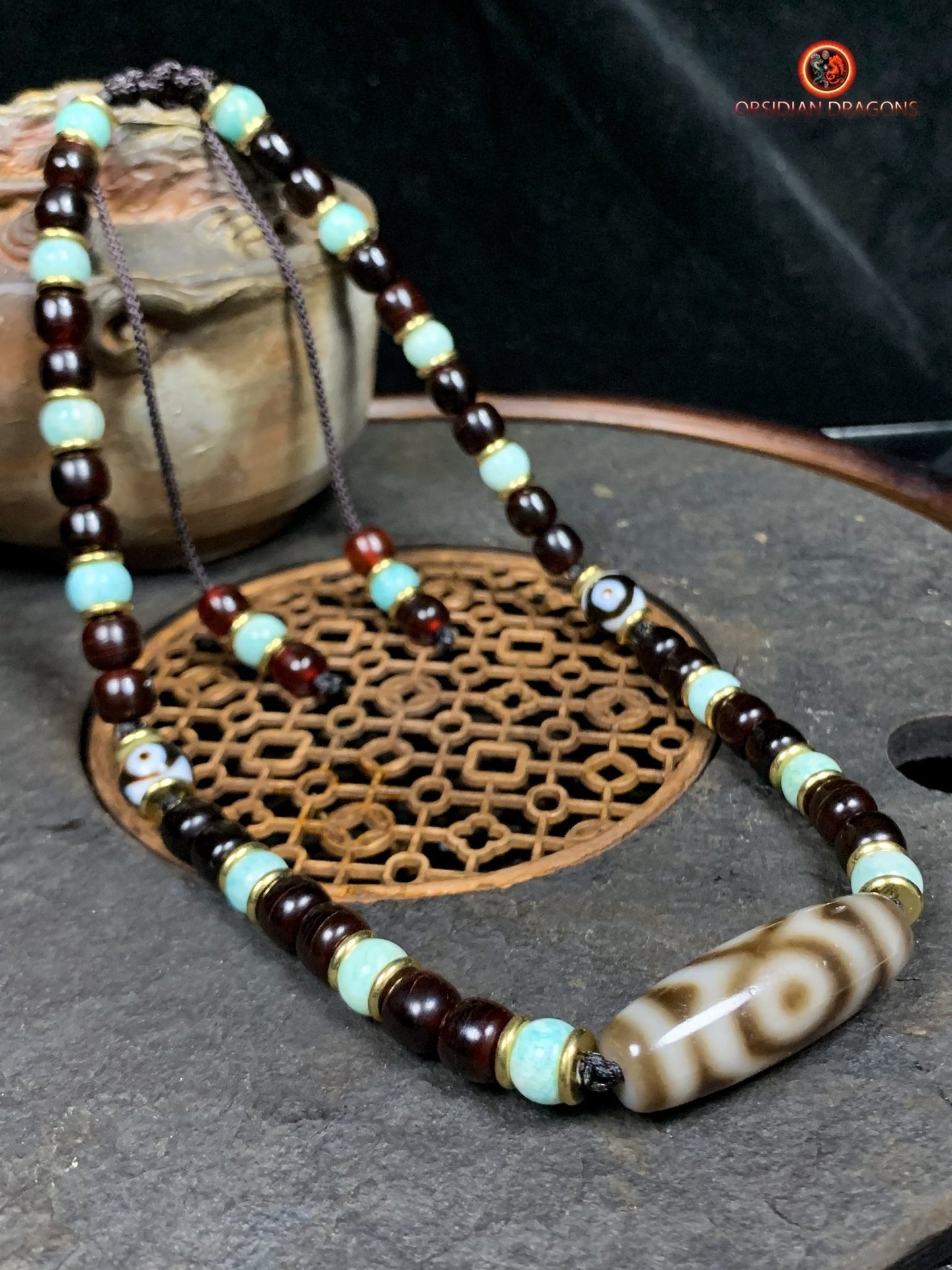 Collier DZI- Protection tibétaine- DZI à 3 Yeux | obsidian dragons