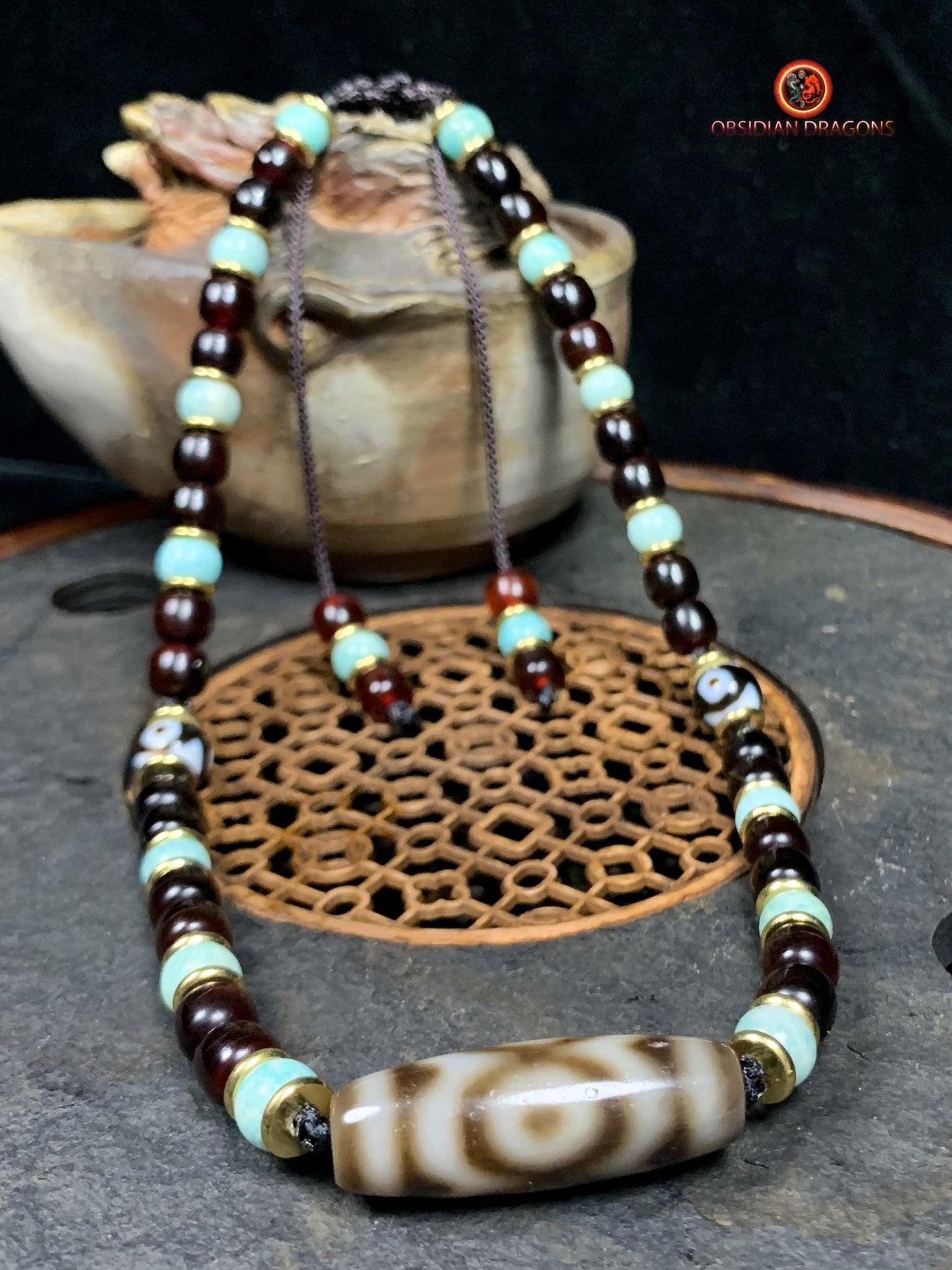 Collier DZI- Protection tibétaine- DZI à 3 Yeux | obsidian dragons