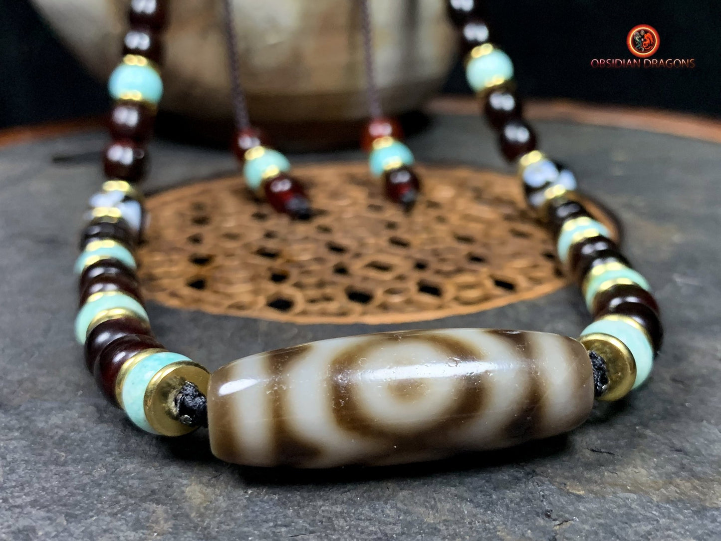 Collier DZI- Protection tibétaine- DZI à 3 Yeux | obsidian dragons