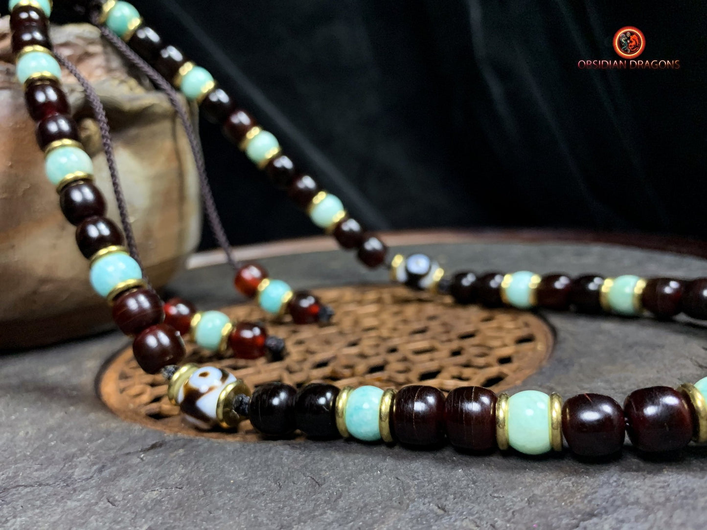 Collier DZI- Protection tibétaine- DZI à 3 Yeux | obsidian dragons