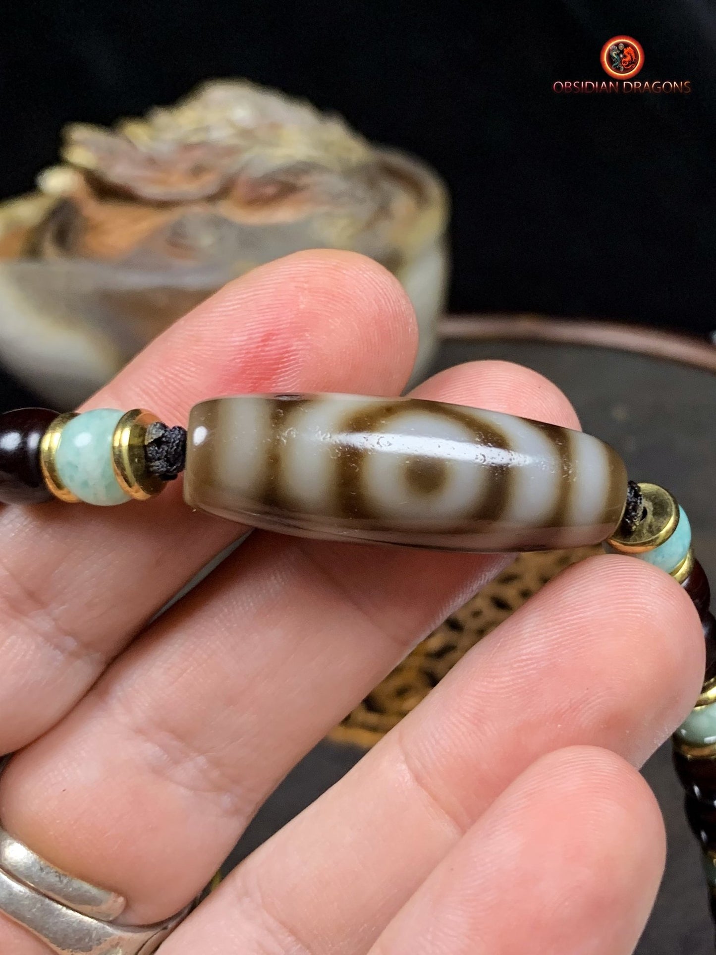 Collier DZI- Protection tibétaine- DZI à 3 Yeux | obsidian dragons