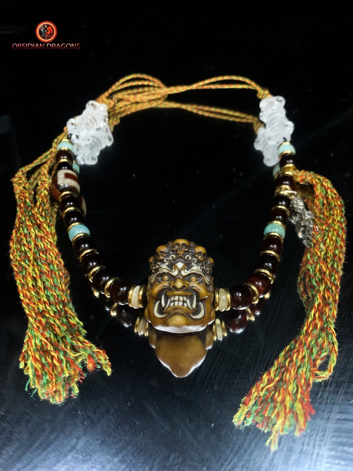 Collier Tibétain Mahakala en Bois de Cerf | obsidian dragons