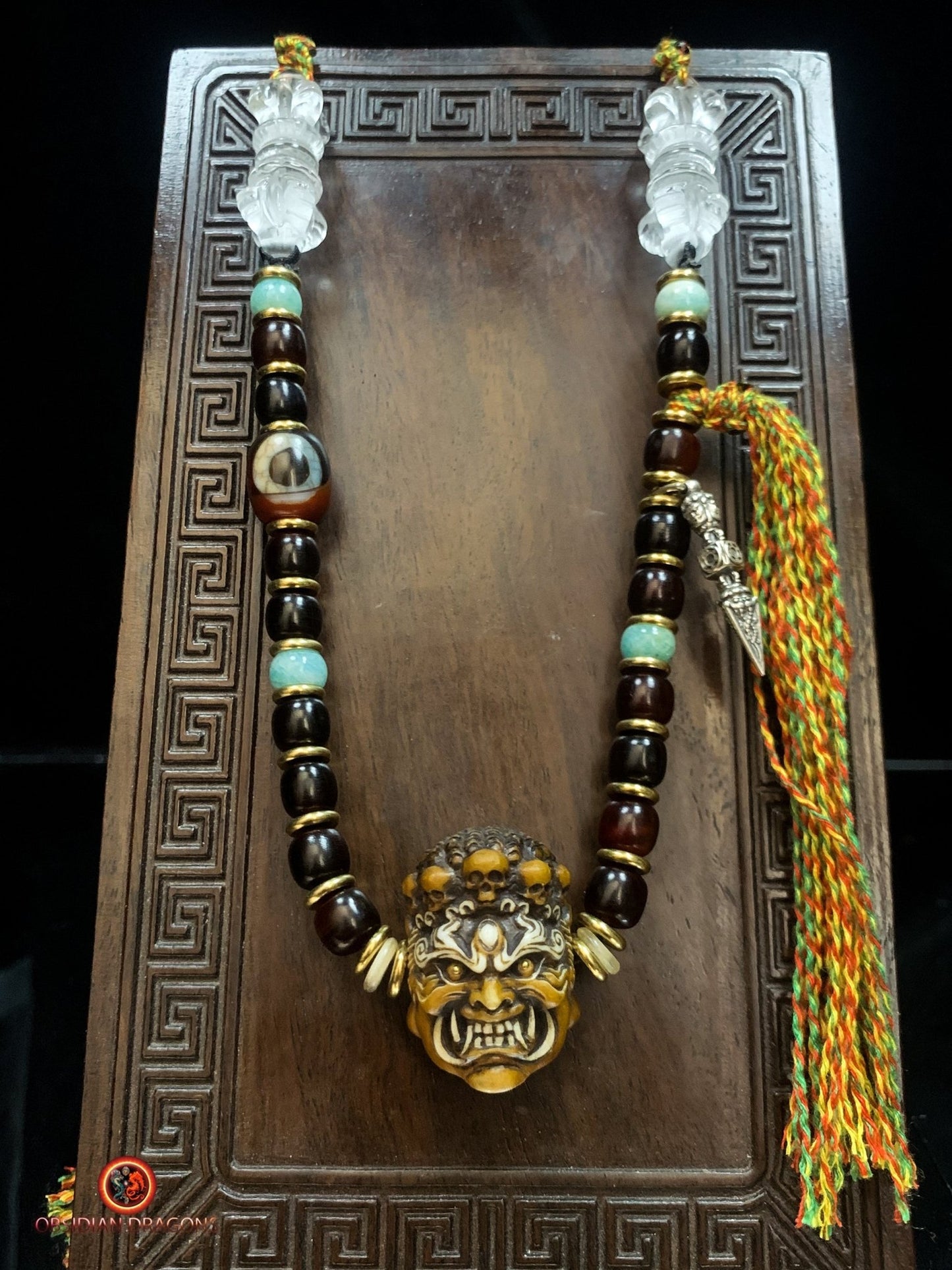 Collier Tibétain Mahakala en Bois de Cerf | obsidian dragons