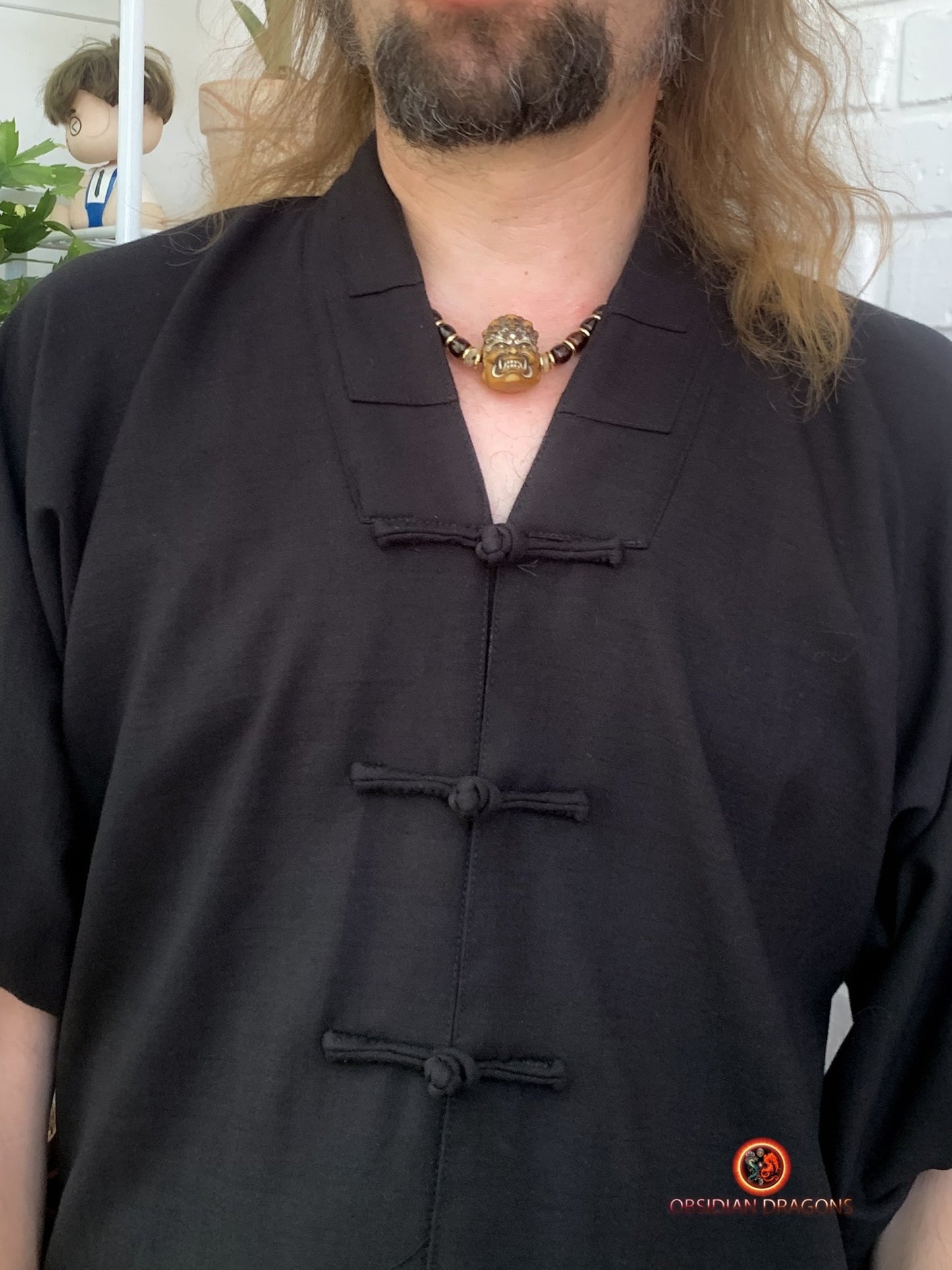 Collier Tibétain Mahakala en Bois de Cerf | obsidian dragons