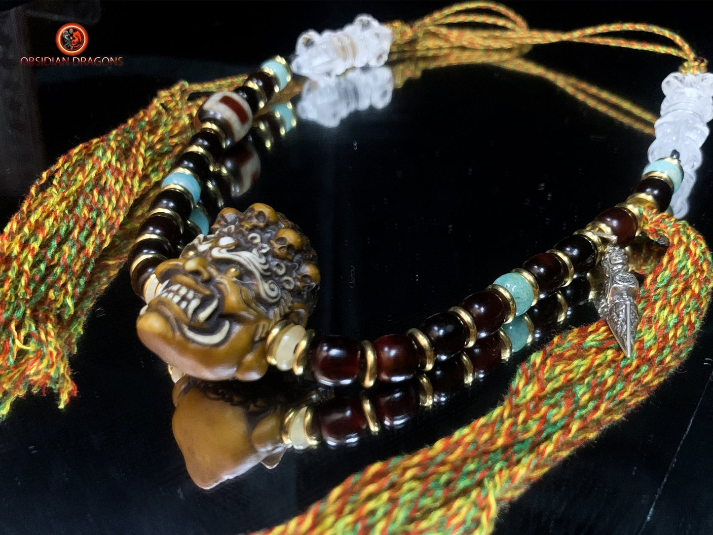 Collier Tibétain Mahakala en Bois de Cerf | obsidian dragons