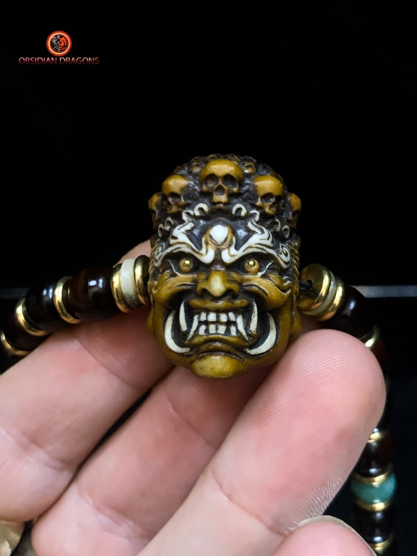 Collier Tibétain Mahakala en Bois de Cerf | obsidian dragons