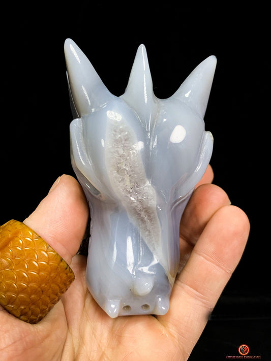 Crâne de Dragon en Géode de Quartz dans Agate – Ancrage et Lumière | obsidian dragons