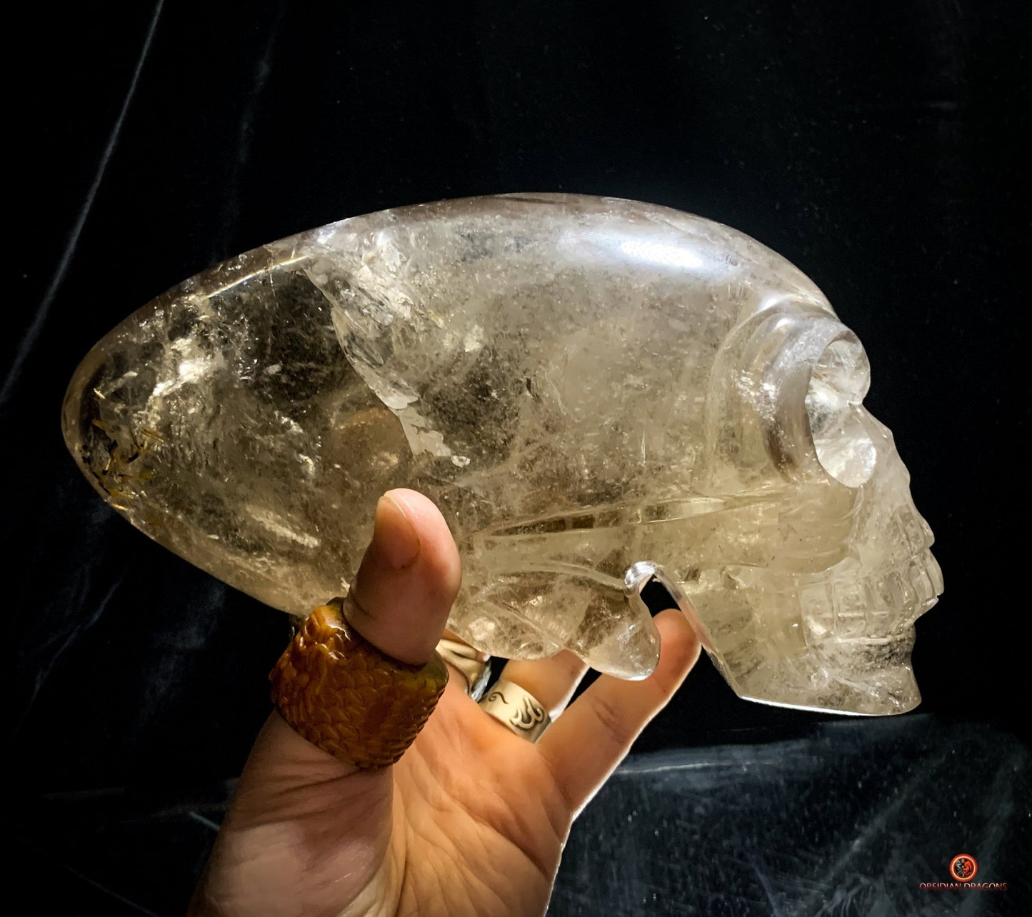 Crâne de Cristal Alien Allongé Imposant – Quartz Fumé – 3,14kg | obsidian dragons