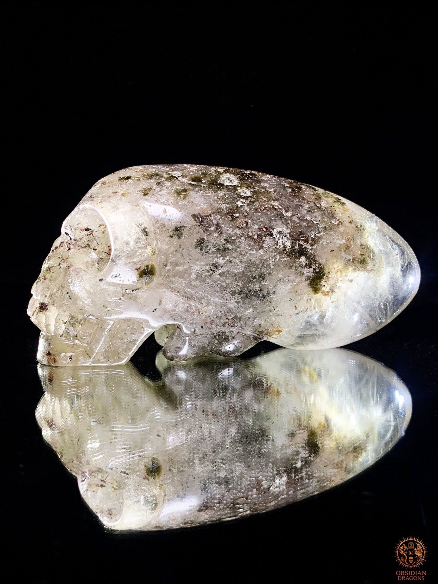 Crâne de Cristal Alien en Quartz Lodolite – Piliers Cosmiques | obsidian dragons