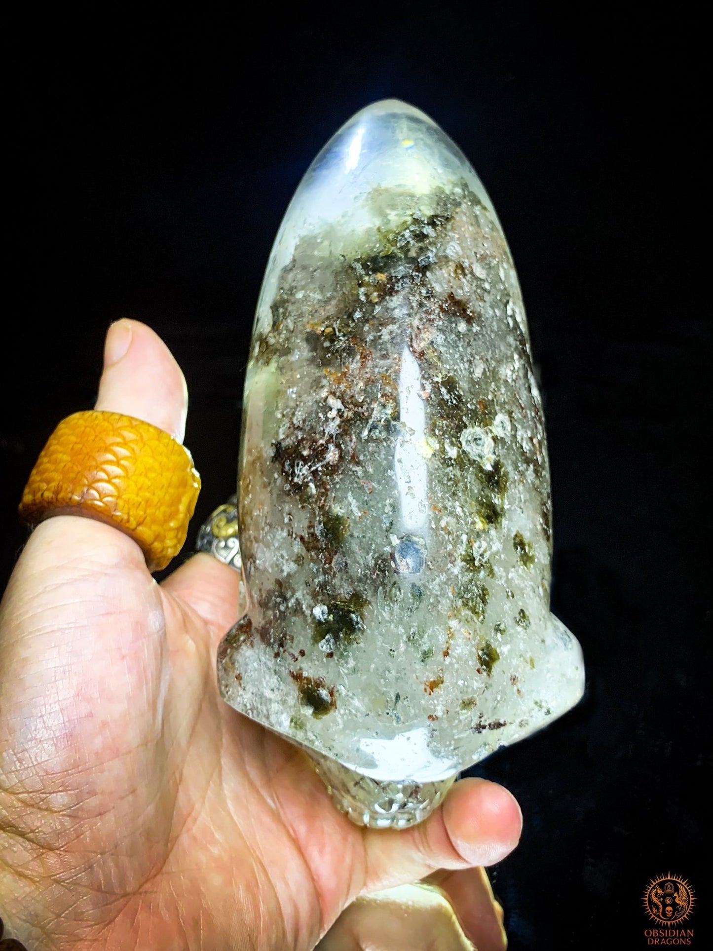 Crâne de Cristal Alien en Quartz Lodolite – Piliers Cosmiques | obsidian dragons