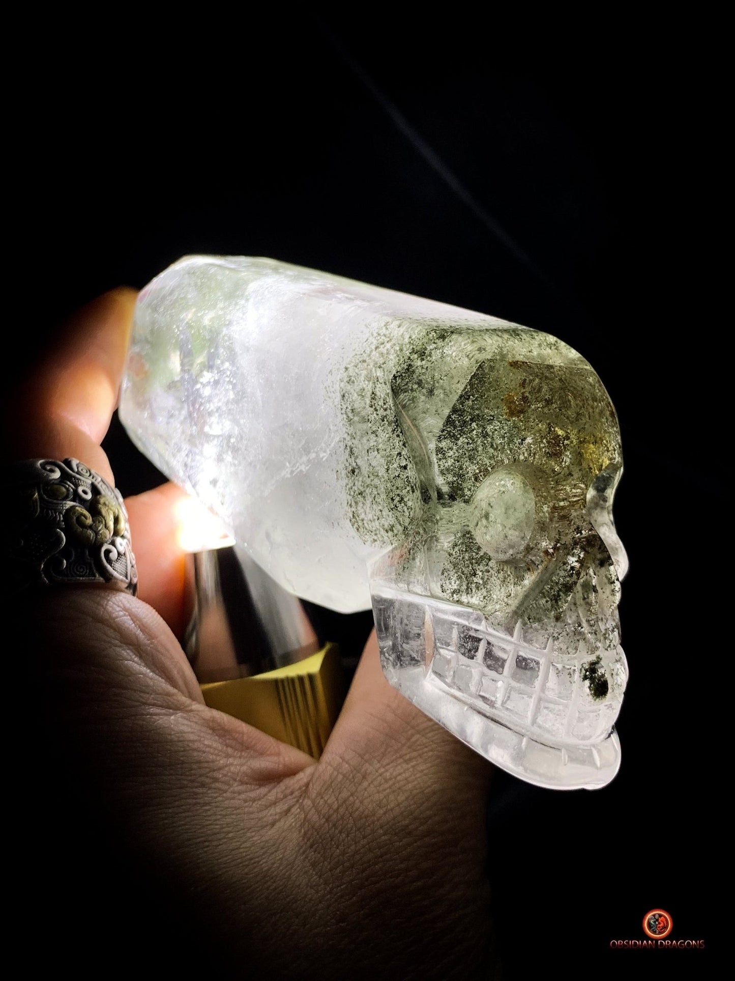 Crâne de cristal allongé - Quartz chlorite - Purification | obsidian dragons