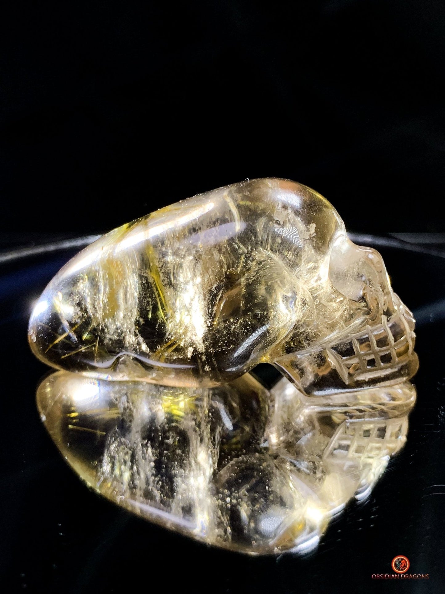Crâne de Cristal Allongé en Quartz Rutile - Énergie et Éveil | obsidian dragons