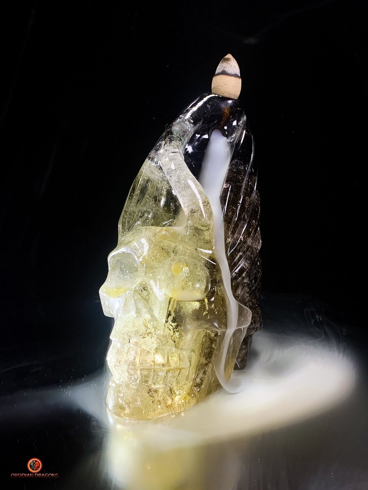 Crâne de Cristal Fontaine à Encens – Quartz Fumé & Cristal | obsidian dragons