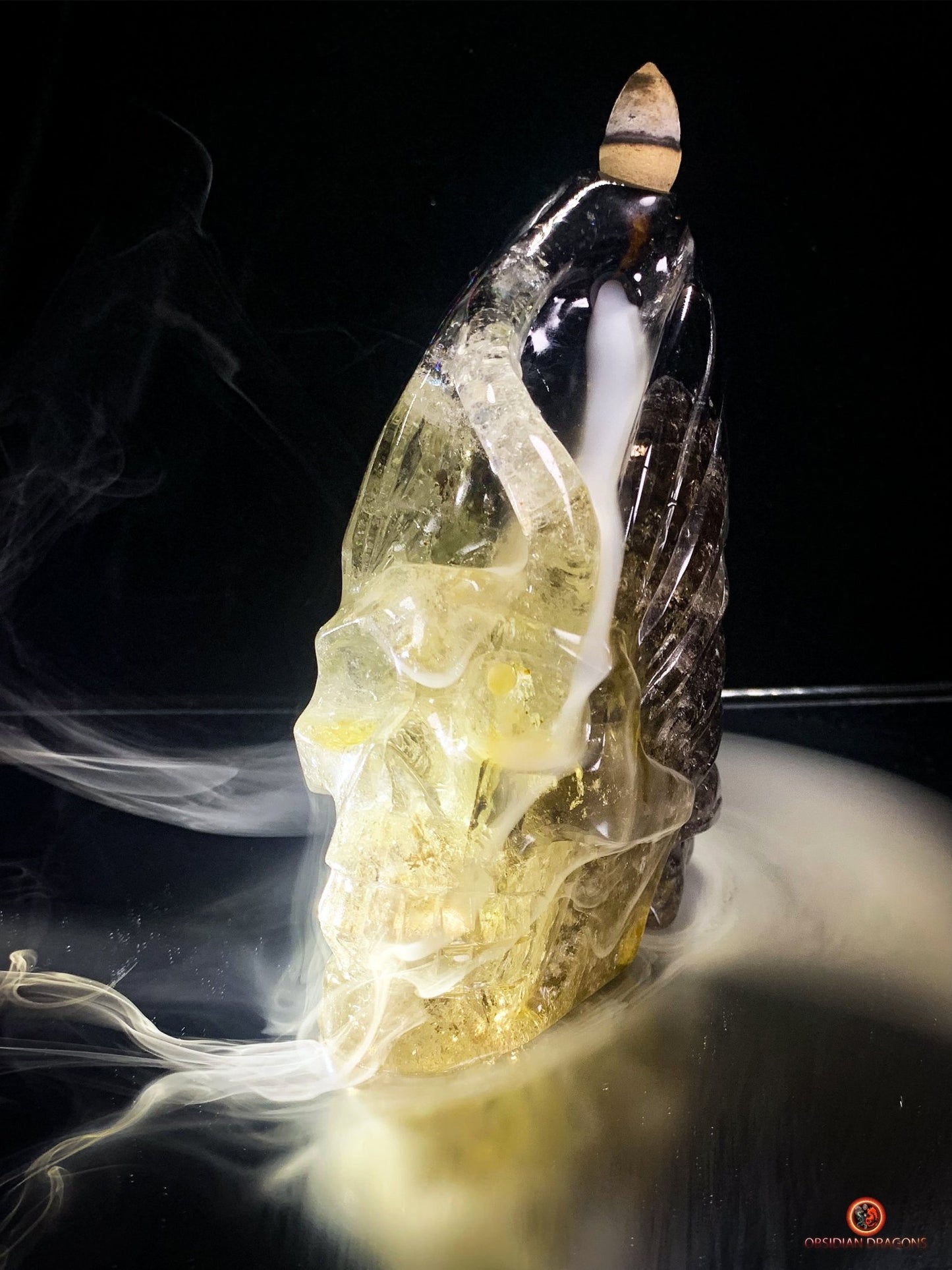 Crâne de Cristal Fontaine à Encens – Quartz Fumé & Cristal | obsidian dragons