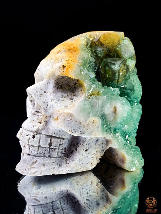 Crâne de Cristal en Fluorite Verte Brute – Clarté Énergétique | obsidian dragons