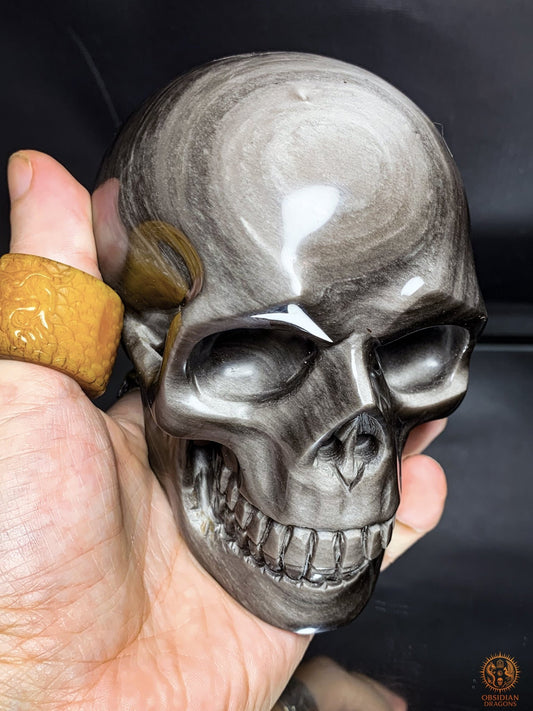 Crâne de Cristal en Obsidienne Argentée - Artisanal & unique | obsidian dragons