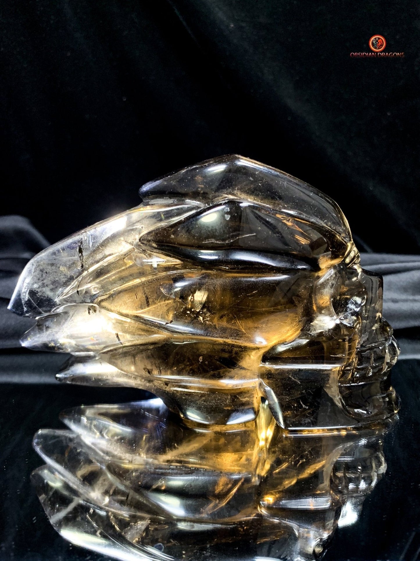 Crâne de Cristal en Quartz Fumé - Chef-d'œuvre Unique Sculpté | obsidian dragons
