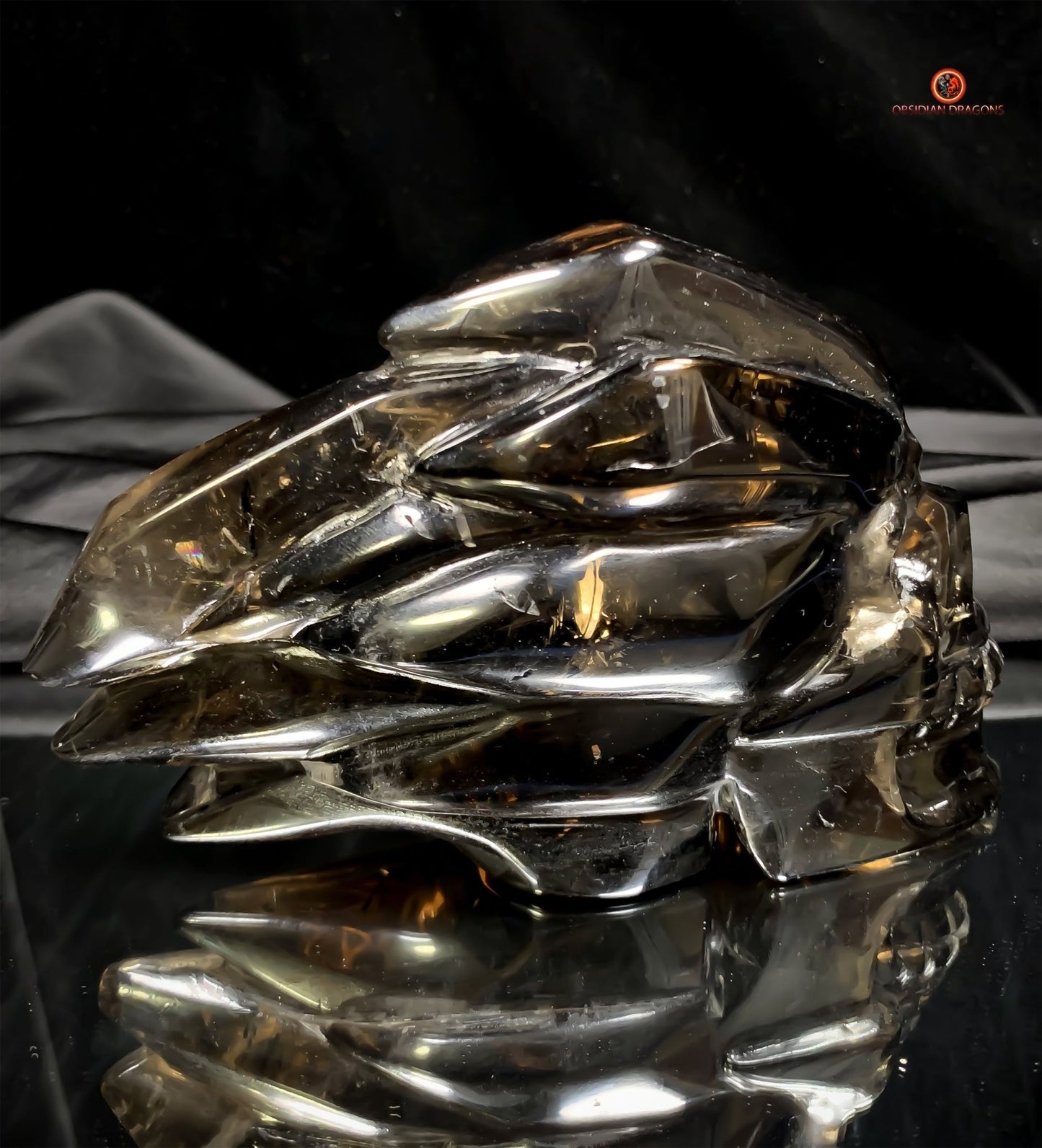 Crâne de Cristal en Quartz Fumé - Chef-d'œuvre Unique Sculpté | obsidian dragons