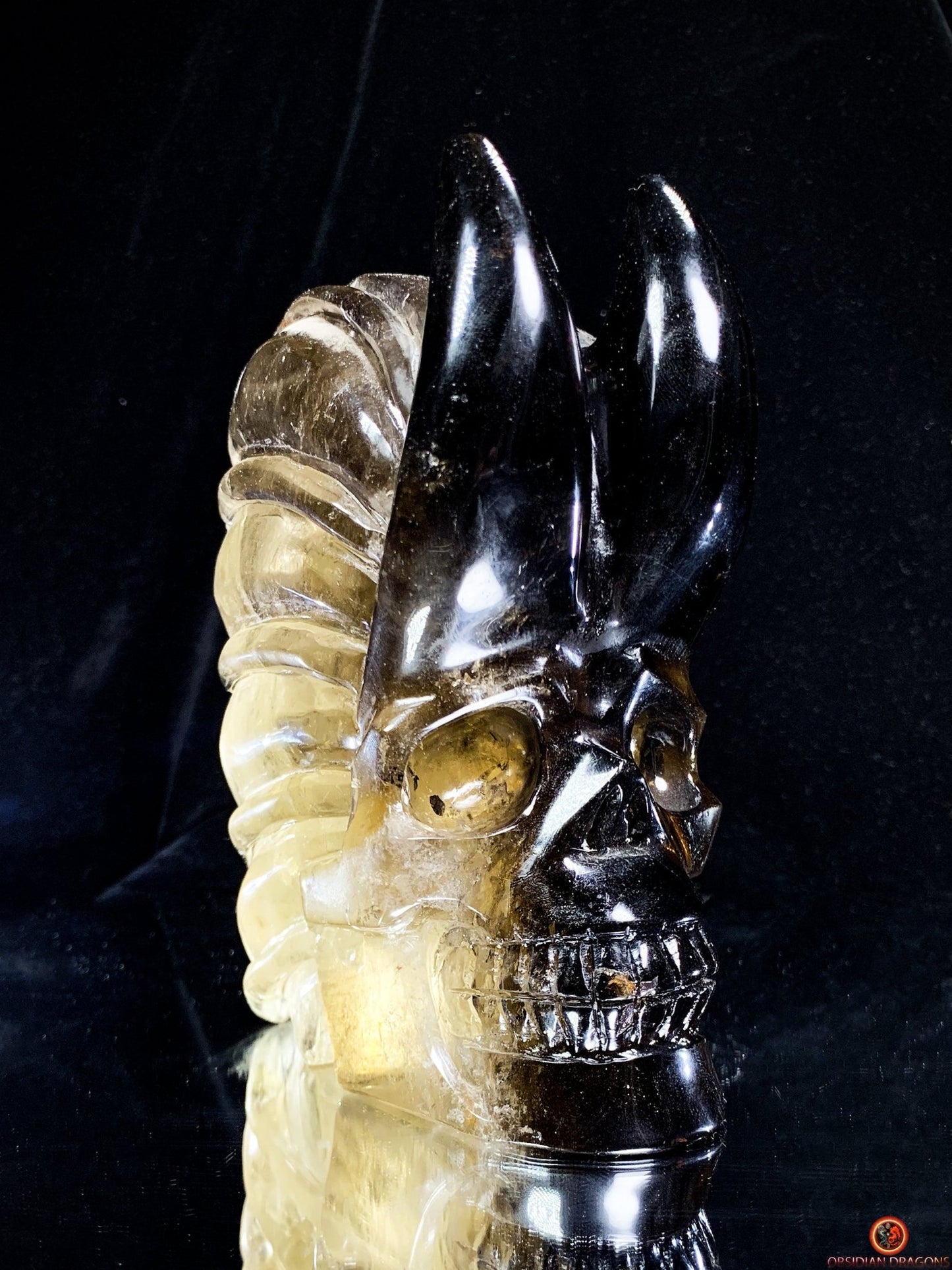 Crâne de Cristal en Quartz Fumé – Sanctuaire d’un Esprit Yōkai | obsidian dragons